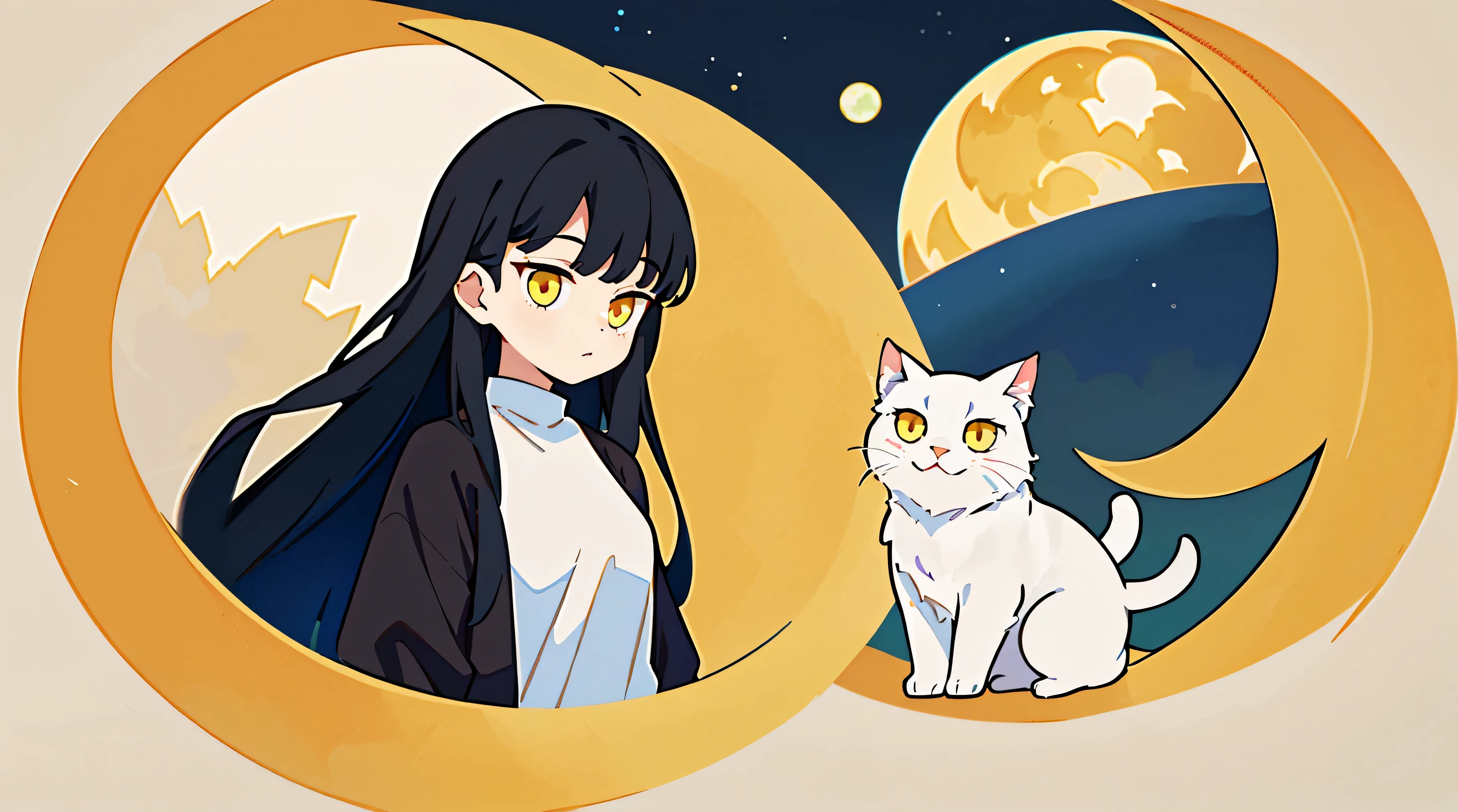 one-girl, black color hair, long whitr hair, There is a yellow and white cat, hair straight, There is only one person in the picture, The background is the moon, tmasterpiece, A high resolution