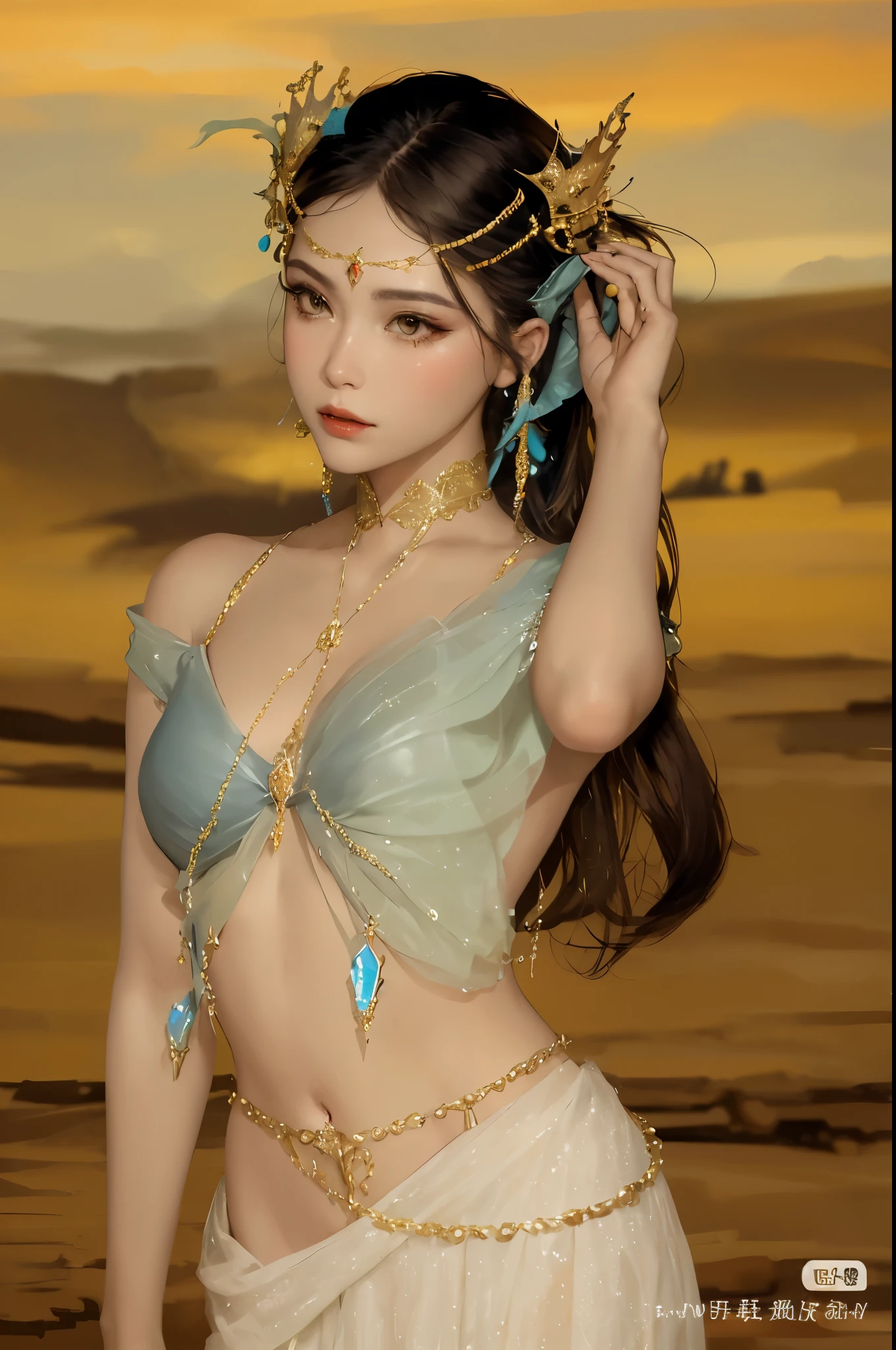 A Buddhist Bodhisattva Girl, (Masterpiece, Top Quality, Best Quality, Official Art), (KPOP idol), Delicate Jewelry, Delicate Bracelet, Delicate Hair Ornament, High Feeling, Aperture on the Back, Bodhisattva, Immortal Fluttering, Looking Up View, Barefoot, Golden Bracelet on Ankle, Ancient Chinese Costumes, Gorgeous Silk, Flowing Tulle, Dazzling Background, Golden Aperture in the Back, Gold Falun in the Back, Best Light, Best Shadow, Movie Lighting, Mystery, Background pure black with ring aperture, ultra HD, 8k, fair skin, Wolp_style, duhuang_style, upper body close-up, detailed face, professional classical dance moves, people floating in the air, (sideways: 1.5), 28 years old, 1girl, dressed decently, super long clothes, black hole background, in a temple in Thailand, one leg on the ground, left hand to do Buddha hand on chest, the other raised above the head to do Buddha hand, surrealism, photo, realistic, { (Surfacing from a crystal clear pool), (wet: 3.0), (wet hair: 1.5)}, medium chest, 48KG weight, smooth skin, light blue pupils, detailed eye painting, (ultra-white skin, supple skin), long legs, attractive body curves