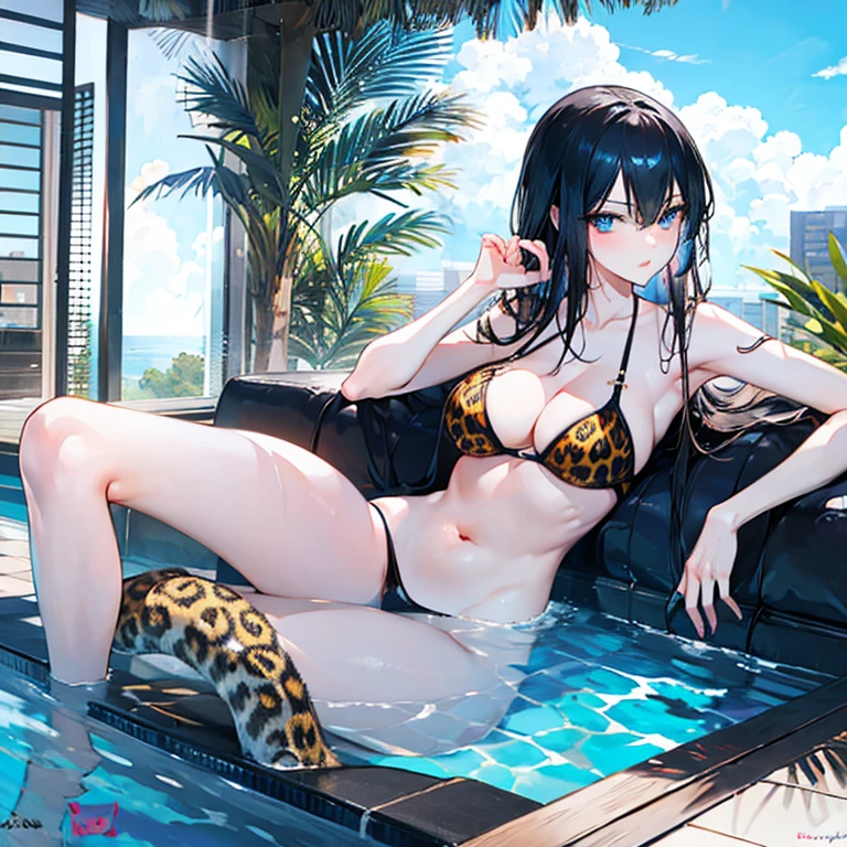Black hair, blue eyes, sexy, large breasts, a leopard print bikini, a hotel swimming pool
