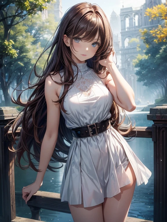 masterpiece++, best quality++, ultra-detailed+, extremely detailed++, 4K, 8K+, best quality, beautiful+, anime style,1person,full body image,park,white simple tanktop dress,marrow leather belt, tight belt,beautiful brown hair,beautiful blue eyes, beautiful eyes++, long hair