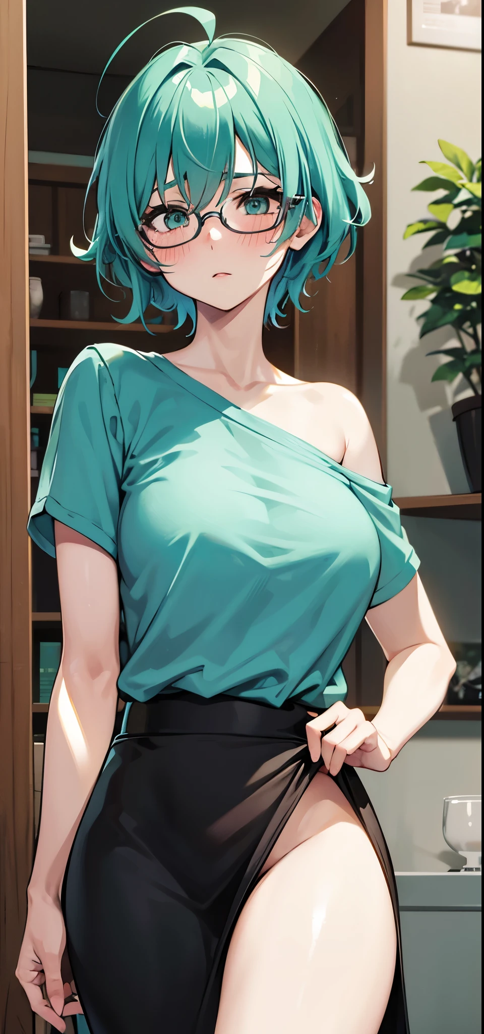 {1girl, solo, 53 years old, milf, teal and green hair, messy hair, asymmetrical hair, ahoge, very short hair, aqua eyes, medium breasts, pale skin, glasses}, blush