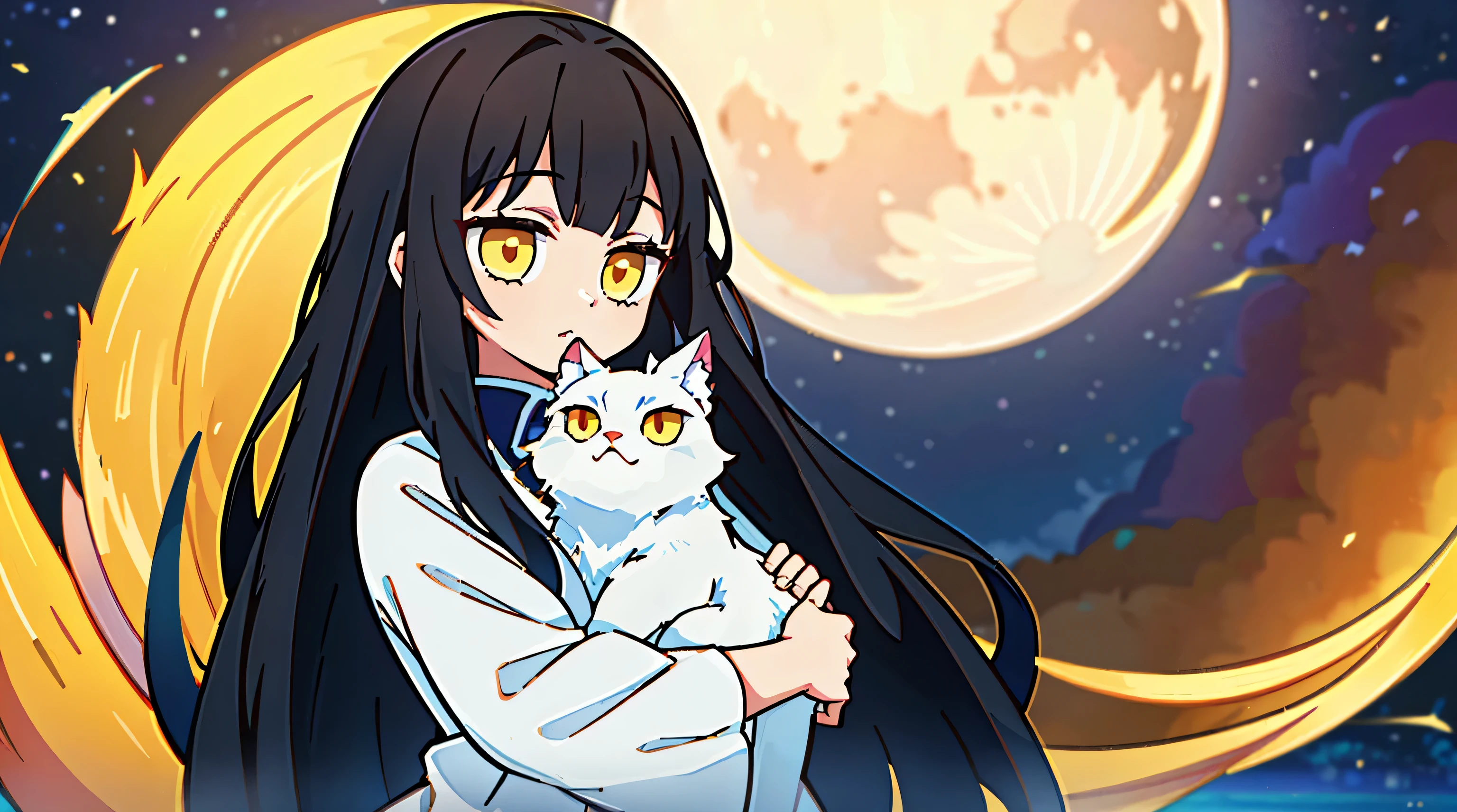 one-girl, black color hair, long whitr hair, There is a yellow and white cat, hair straight, There is only one person in the picture, The background is the moon, tmasterpiece, A high resolution