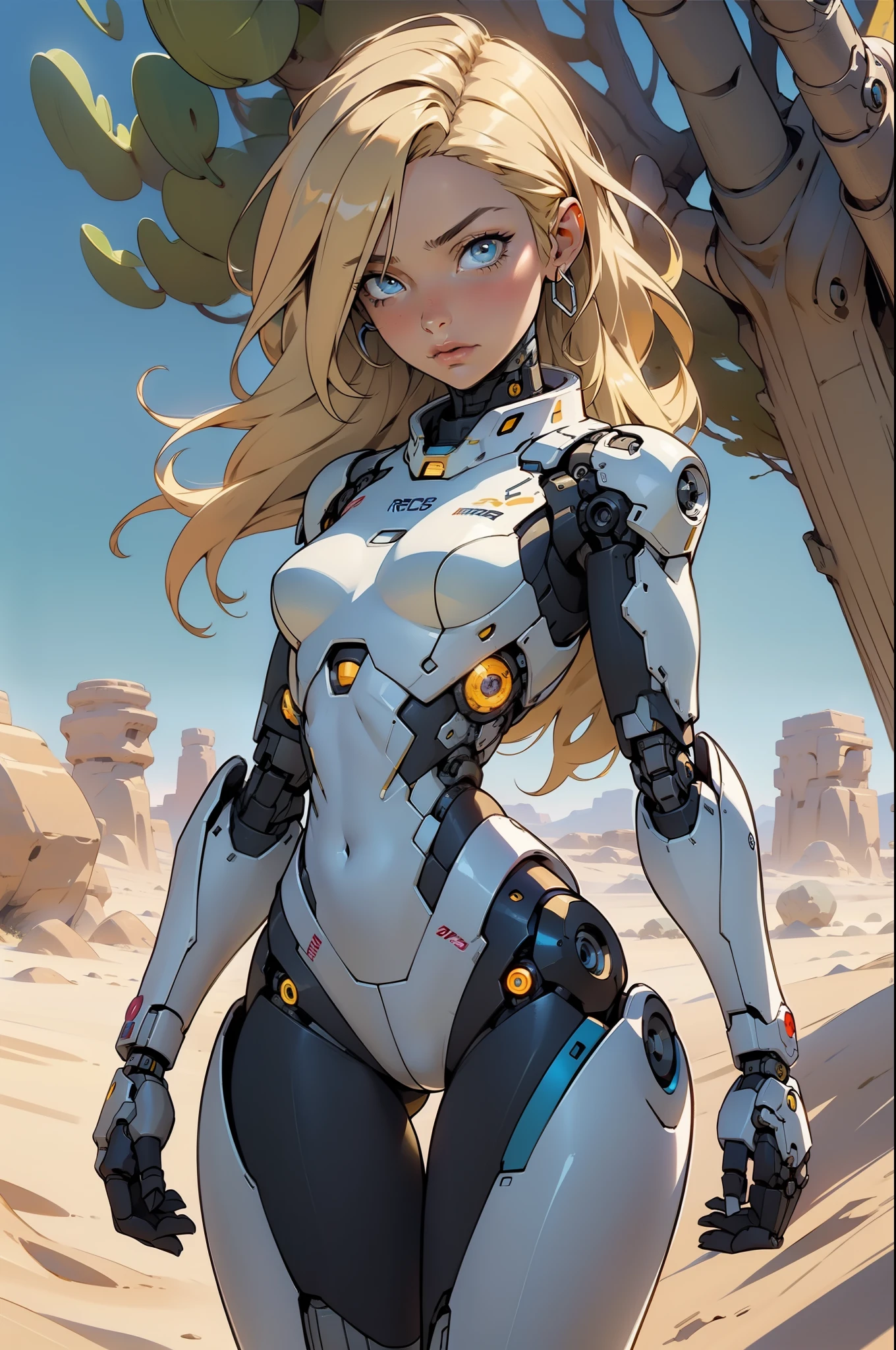 high quality, 4k, masterpiece, beautiful, cyborg girl, cowboy shot, dull eyes, looking at viewer, long blonde hair, girl, small breasts, fit thigh, robotic arms, robotic body, cyborg body, yellow accent, intricate detail, joint, detailed lines, robotic detail, holding fist up, holding hand up as fist, color robotic parts, robotic parts with color, perfect fingers, on a desert planet, sunny background, colorful desert,
