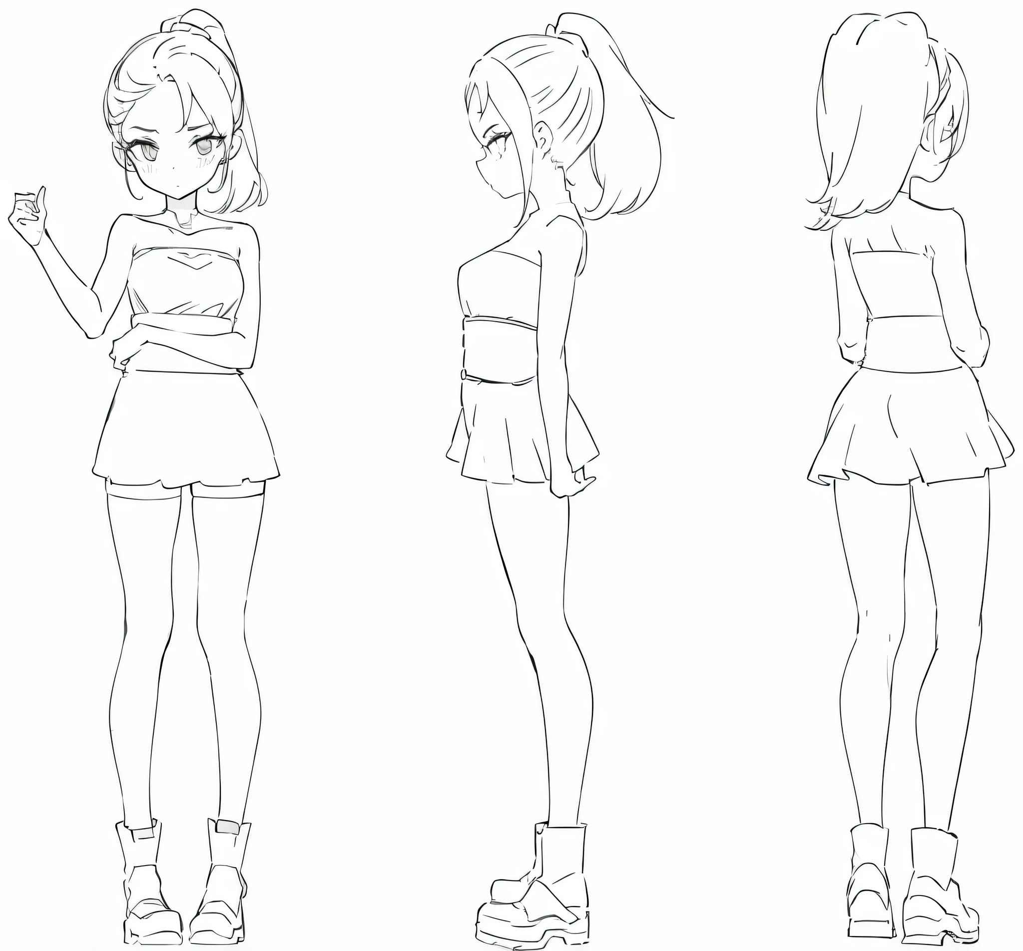 Three views of girl with ponytail,Long leather boots,tmasterpiece,extremly high detail