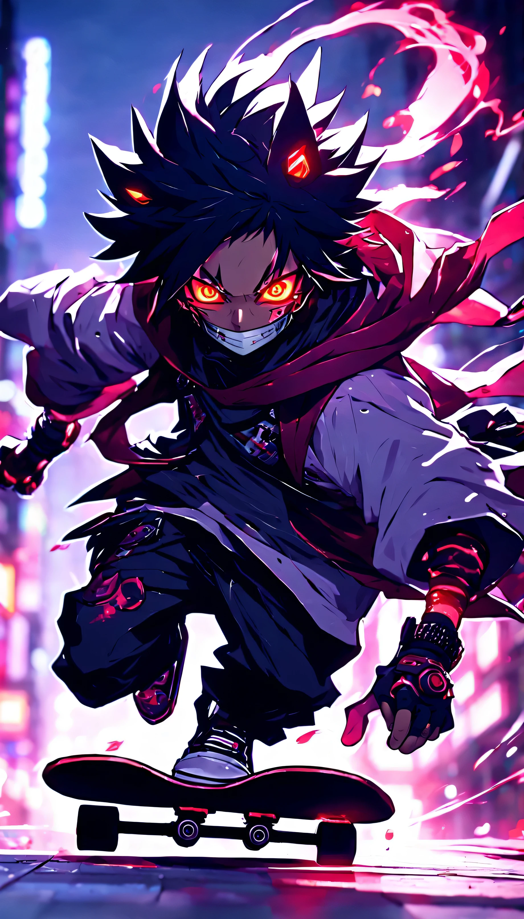 a close up of a person riding a skateboard on a street, from arknights, with red glowing eyes, badass anime 8 k, handsome guy in demon slayer art, epic anime style, beautiful male god of death, demon slayer artstyle, anime epic artwork, best anime 4k konachan wallpaper, anime cyberpunk art, demon anime girl, anime wallaper