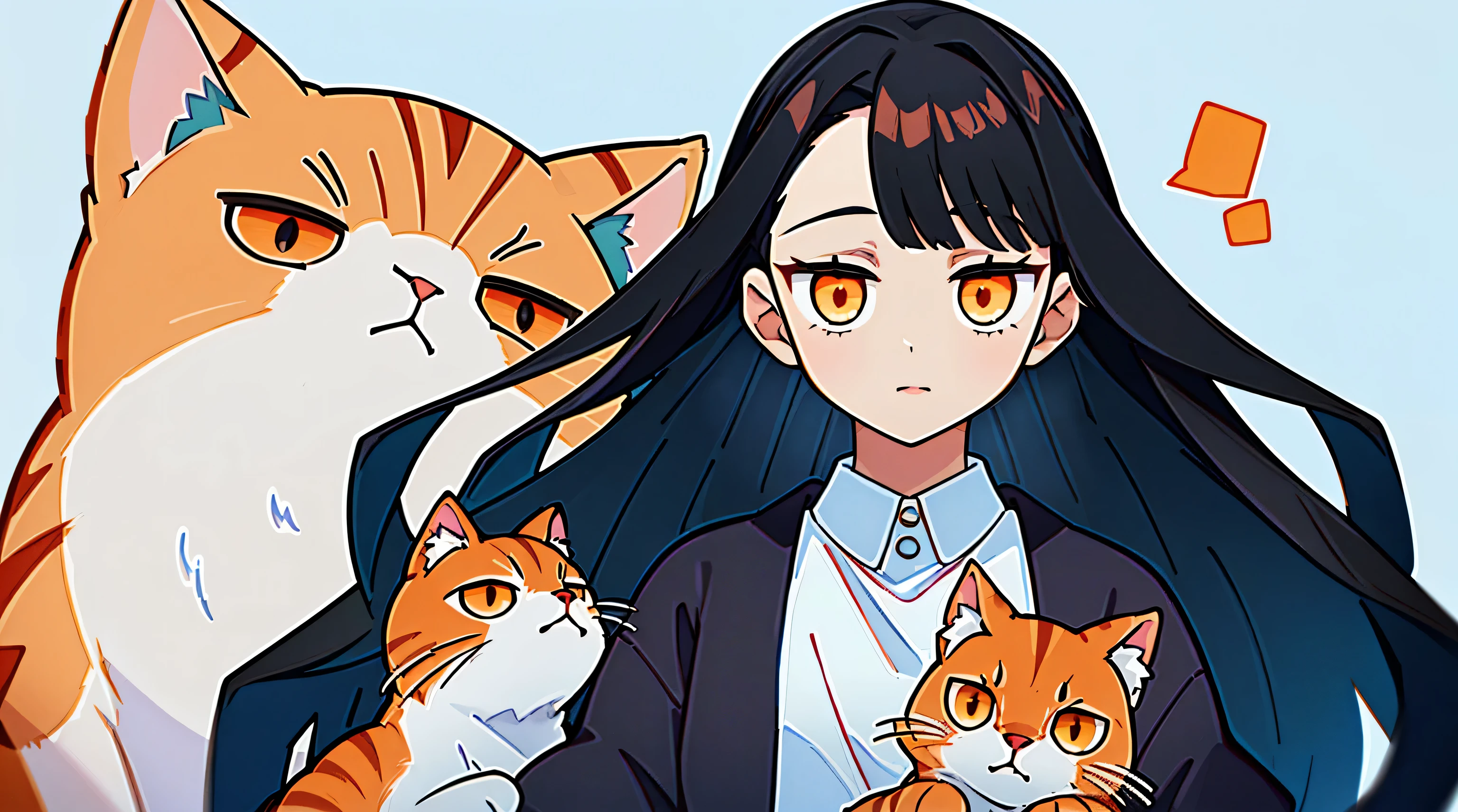 one-girl, black color hair, long whitr hair, Holding a white and orange cat, hair straight, There is only one person in the picture, tmasterpiece, A high resolution
