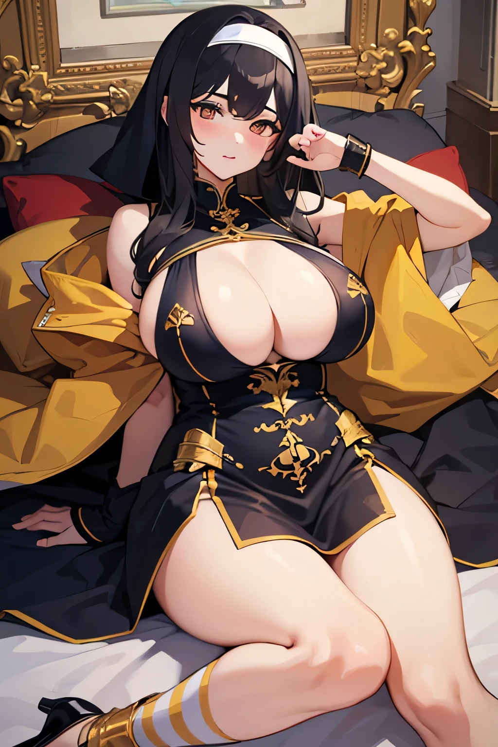 Portrait of a mature woman face, ((red blush))、coiled long hair、shame、Plump body，crisp breasts，(Show the armpits)、鎖骨，Colossal tits，gigantic cleavage breasts，cleavage，huge-breasted，(thighs thighs thighs thighs)、(((Open crotch))), ((Spread legs)), ((knees up)), ((Lie down)), (Bob Hair)，Golden picture frame edge， Floral frame， Decorative panel， abstracted，Nun dress，Gold Jewelry，Pedras preciosas，Photorealsitic，Artistically，An  Alphonse Mucha's、(tmasterpiece，best qualtiy，hight resolution：1.4），detaileds，複雑なdetaileds {Ikko，4K，Colored splashes，line-drawing，Fibonacci，