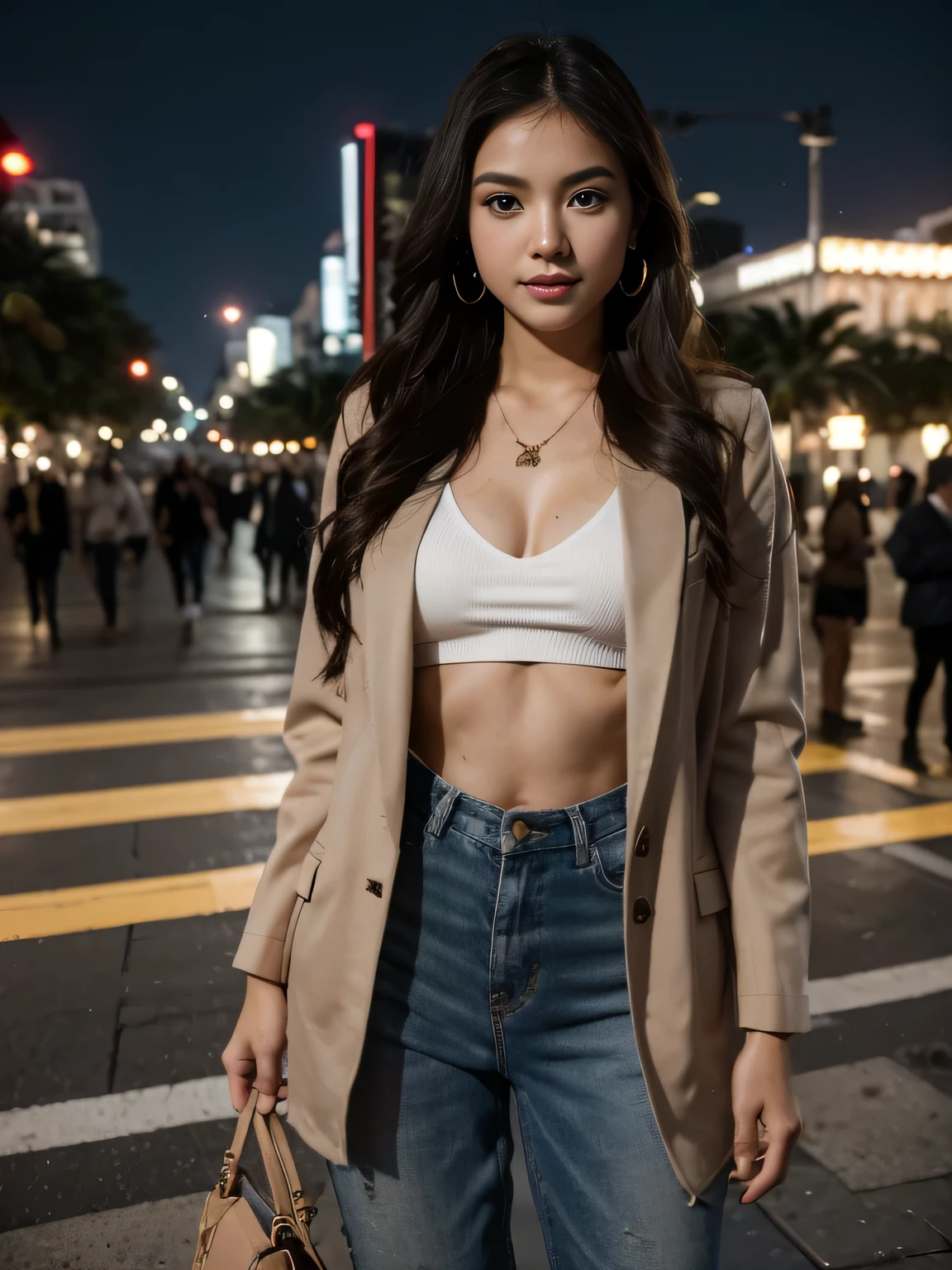 (8k, highest quality, ultra detailed:1.37), (Maria), 18yo, (a beautiful Filipino college girl), turns heads as a modern city fashionista. Dressed in a trendy Blazer, Crop Top, and High-Waisted Pants, she confidently struts through the city streets, showcasing her impeccable style. The high-resolution image captures ultra-detailed realism, highlighting Maria's captivating eyes, long eyelashes, and smooth complexion. The dynamic  backdrop, with city lights and bustling crowds, adds to the fashionable ambiance, creating a visually captivating representation of Maria's fashion-forward personality.