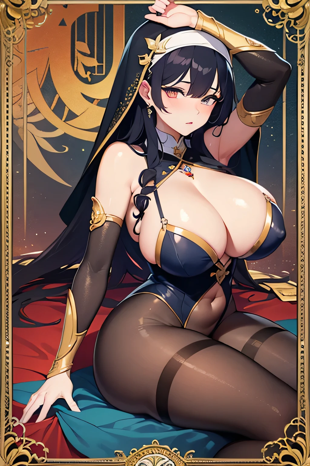 Portrait of a mature woman face, ((red blush))、coiled long hair、shame、Plump body,crisp breasts,(Show the armpits)、鎖骨,Colossal tits,gigantic cleavage breasts,cleavage,huge-breasted,(thighs thighs thighs thighs)、(((Open crotch))), ((Spread legs)), ((knees up)), ((Lie down)), (Bob Hair),Golden picture frame edge, Floral frame, Decorative panel, abstracted,Nun dress,Gold Jewelry,Pedras preciosas,Photorealsitic,Artistically,An Alphonse Mucha's、(tmasterpiece,best qualtiy,hight resolution:1.4),detaileds,複雑なdetaileds {Ikko,4K,Colored splashes,line-drawing,Fibonacci,