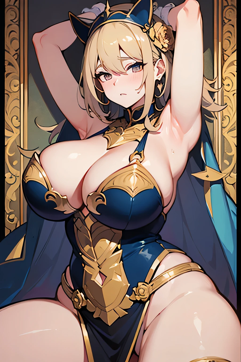 Portrait of a mature woman face, ((red blush))、coiled long hair、shame、Plump body,crisp breasts,(thighs thighs thighs thighs)、(((Open crotch))), ((Spread legs)), ((knees up)), ((Lie down)), (Bob Hair),(Show the armpits)、鎖骨,Colossal tits,gigantic cleavage breasts,cleavage,huge-breasted,Golden picture frame edge, Floral frame, Decorative panel, abstracted,Nun dress,Gold Jewelry,Pedras preciosas,Photorealsitic,Artistically,An Alphonse Mucha's、(tmasterpiece,best qualtiy,hight resolution:1.4),detaileds,複雑なdetaileds {Ikko,4K,Colored splashes,line-drawing,Fibonacci,