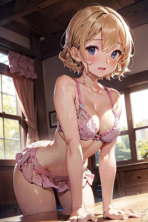 (pink short skirt), blonde hair, short curly hair, blue eyes, little clothing, exposed skin, bra, navel, ((cute innocent face, open mouth, allure)), [[playful]]], [[[bedroom]]], front-view, [[Leaning forwards]], head down, butt up, arched back, provocative position, cleavage, sexy, arousing, realistic, ((perfect symmetrical body)), (slim hip), soft light, dawn light)), bloom, 1girl, super model body, very slim body, thin, super model body, ultra-detailed CG, 8k, high detailed, realistic, solo, intricate details),