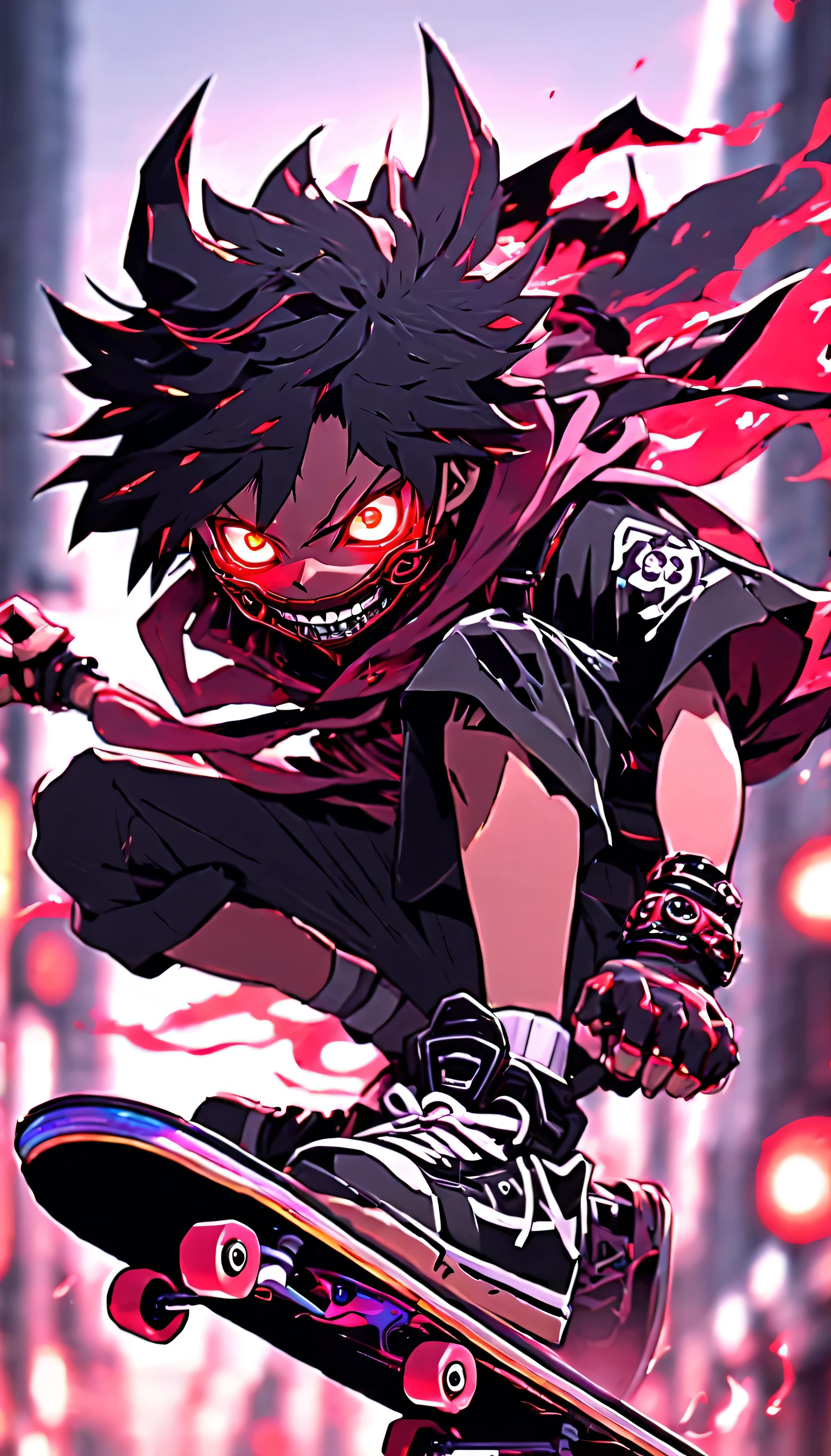 a close up of a person riding a skateboard on a street, from arknights, with red glowing eyes, badass anime 8 k, handsome guy in demon slayer art, epic anime style, beautiful male god of death, demon slayer artstyle, anime epic artwork, best anime 4k konachan wallpaper, anime cyberpunk art, demon anime girl, anime wallaper