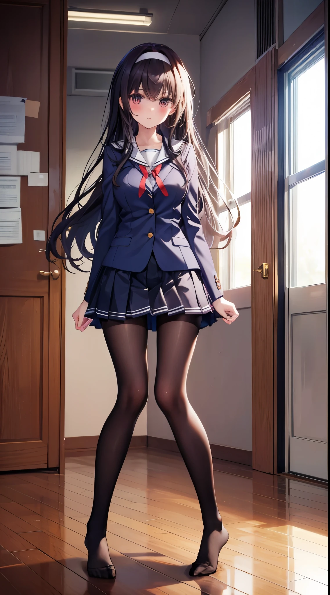 Finest, masterpiece, high definition, (full body), frontal, symmetrical, mature high school girl, solo, (full body from head to toe), small breasts, long hair, slightly messy hair, (black tights), ( (black pantyhose), black pantyhose, (composition where she is made to sit and lift her legs and make her legs open), (bound arms, arms behind back), composition showing white panties, slender beautiful legs, a very beautiful -yeld gi(not wearing shoes) legs), blushing, shy big eyes, messy hair, looking at camera, showing white panties, white frilly lingerie, high school uniform blazer, high school uniform White blouse, high school uniform with blue ribbon, high school uniform with short plaid pattern and navy pleated skirt, Utaha Kasumigaoka