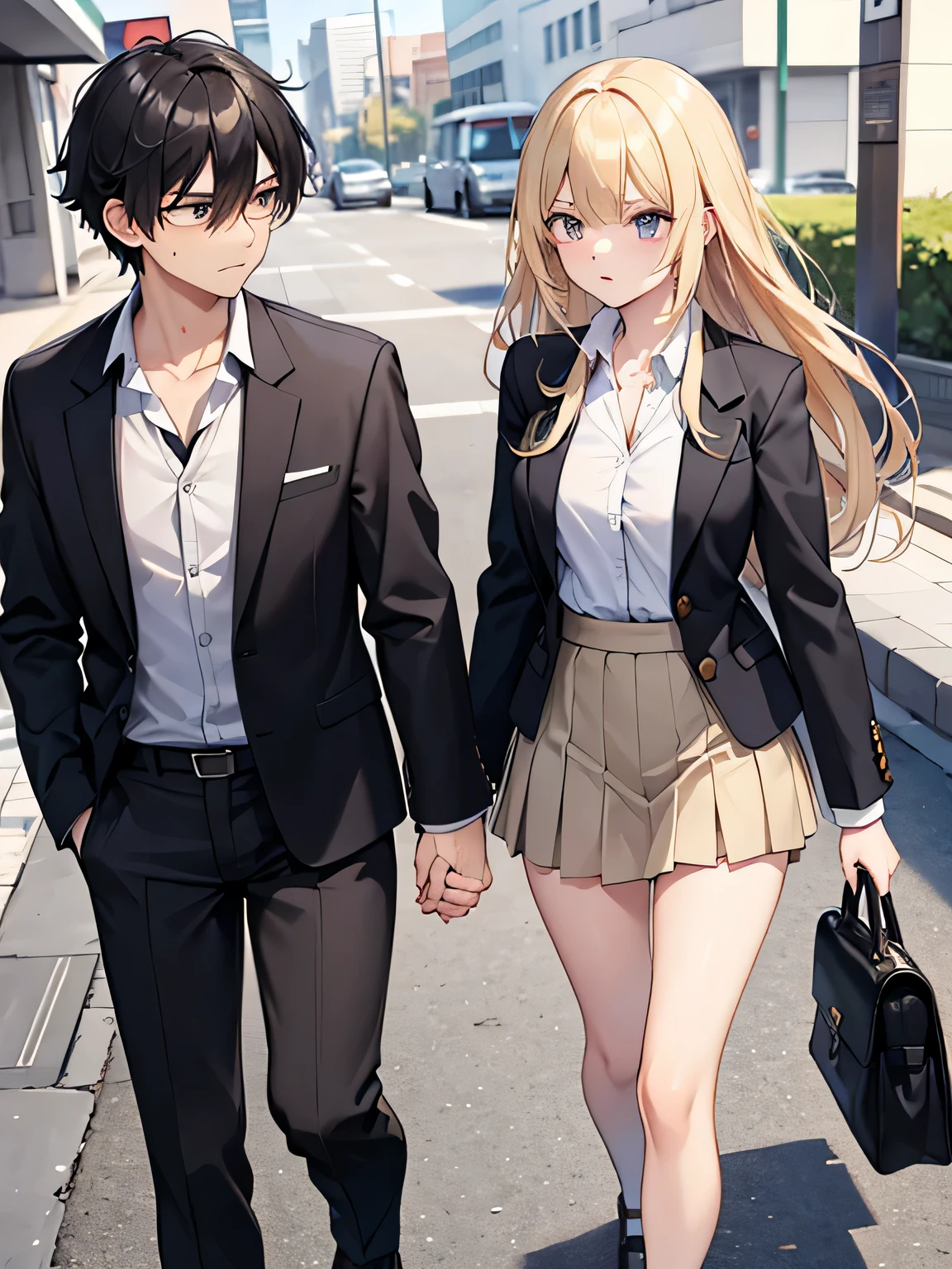 1,man and woman walking hand in hand.
2, The woman is a delinquent high school student with long blonde hair., Mini skirt, unbutton the blazer、The second button of the shirt is undone.
3,The man is a teacher with shaggy black hair and a suit..
4,The location is on the way to school.