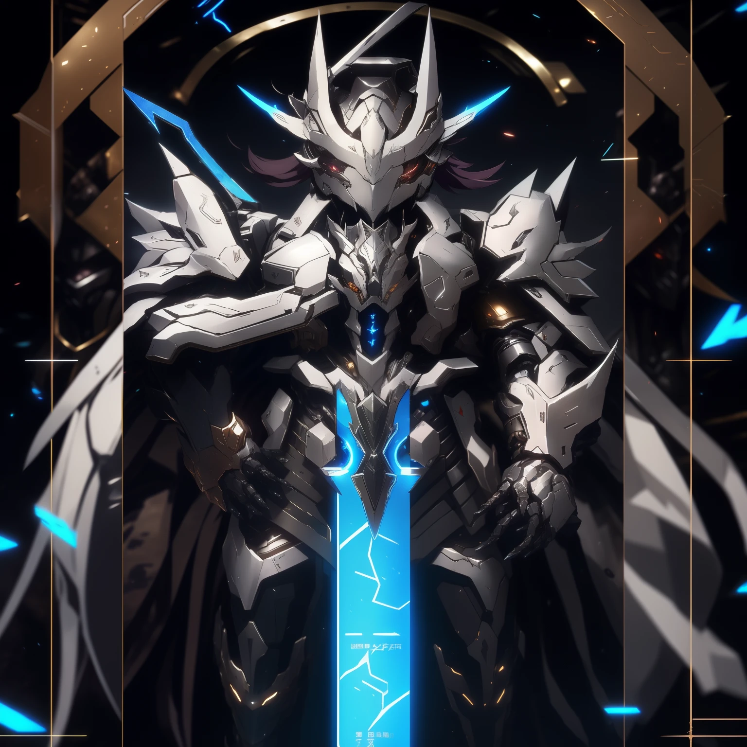 a close up of a robot with a sword in front of a dark background, from arknights, warframe art, sliver color reflected armor, anime mecha aesthetic, cool mecha style, exquisite warframe fanart, high detailed official artwork, detailed warframe fanart, arknights, guilty gear strive splash art, high quality warframe fanart