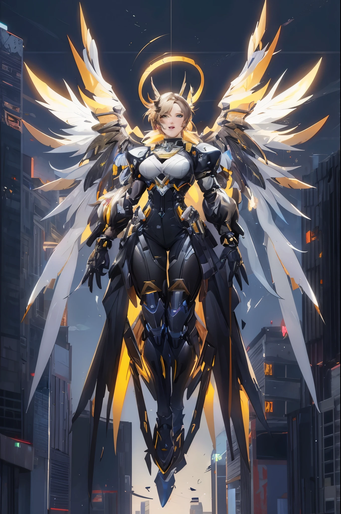 a close up of a person with wings on a city street, overwatch design, from overwatch, official overwatch game art, by Yang J, mecha wings, from arknights, mercy from overwatch game (2016), overwatch character concept art, overwatch fanart, mechanized valkyrie girl, overwatch splash art, overwatch style, overwatch art team, overwatch inspired