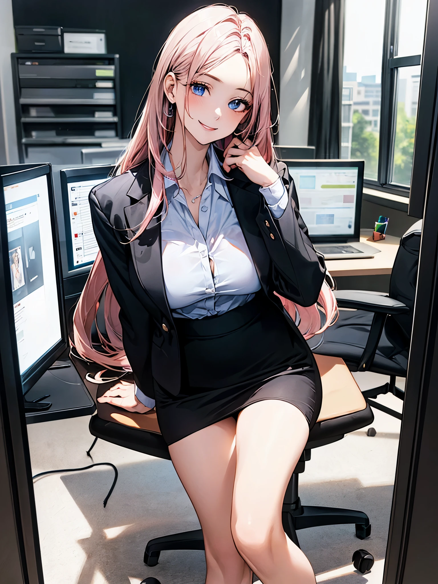 ((((perfect anatomy, super detailed skin)))), 1 girl, japanese, , shiny skin, watching the view,
beautiful hair, beautiful face, beautiful detailed eyes, blue eyes, (long hair:1.4, straight hair:1.7), light pink hair, right parted bangs,
beautiful clavicle, beautiful body, beautiful chest, beautiful thigh, beautiful legs, (large breasts:1.3),
((long sleeves, white collared shirt, black suit jacket, black pencil mini skirt), id card, strap, black high heels),
(beautiful scenery), office, window, desk, chair, computer, ceiling, ceiling light, sitting chair, (lovely smile:1.3)
(8k, top-quality, masterpiece:1.2, extremely detailed), (photorealistic:1.2), sunlight, beautiful art, visual art, depth of fields, natural lighting,