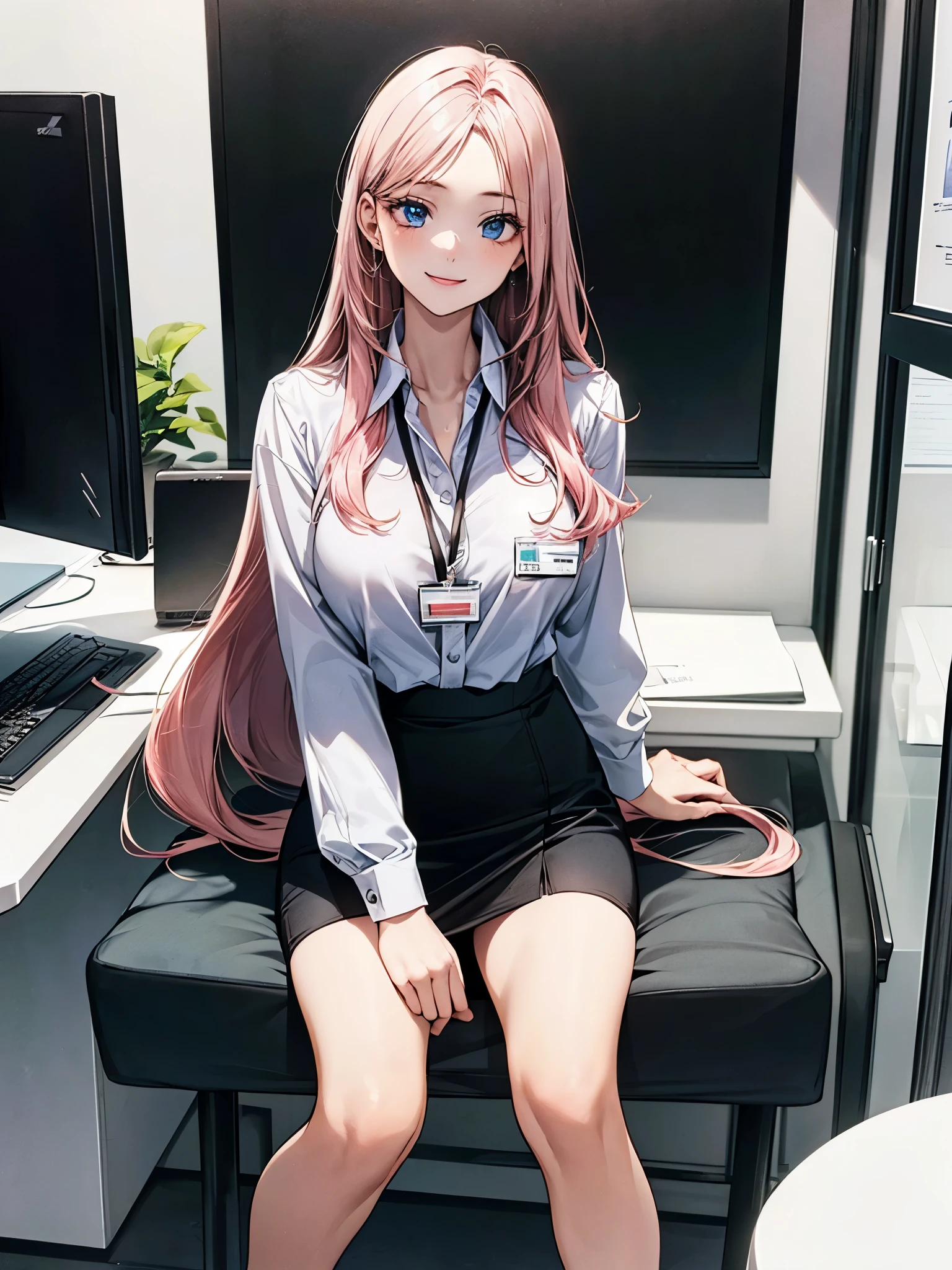 ((((perfect anatomy, super detailed skin)))), 1 girl, japanese, , shiny skin, watching the view,
beautiful hair, beautiful face, beautiful detailed eyes, blue eyes, (long hair:1.4, straight hair:1.7), light pink hair, right parted bangs,
beautiful clavicle, beautiful body, beautiful chest, beautiful thigh, beautiful legs, (large breasts:1.3),
((long sleeves, white collared shirt, black suit jacket, black pencil mini skirt), id card, strap, black high heels),
(beautiful scenery), office, window, desk, chair, computer, ceiling, ceiling light, sitting chair, (lovely smile:1.3)
(8k, top-quality, masterpiece:1.2, extremely detailed), (photorealistic:1.2), sunlight, beautiful art, visual art, depth of fields, natural lighting,