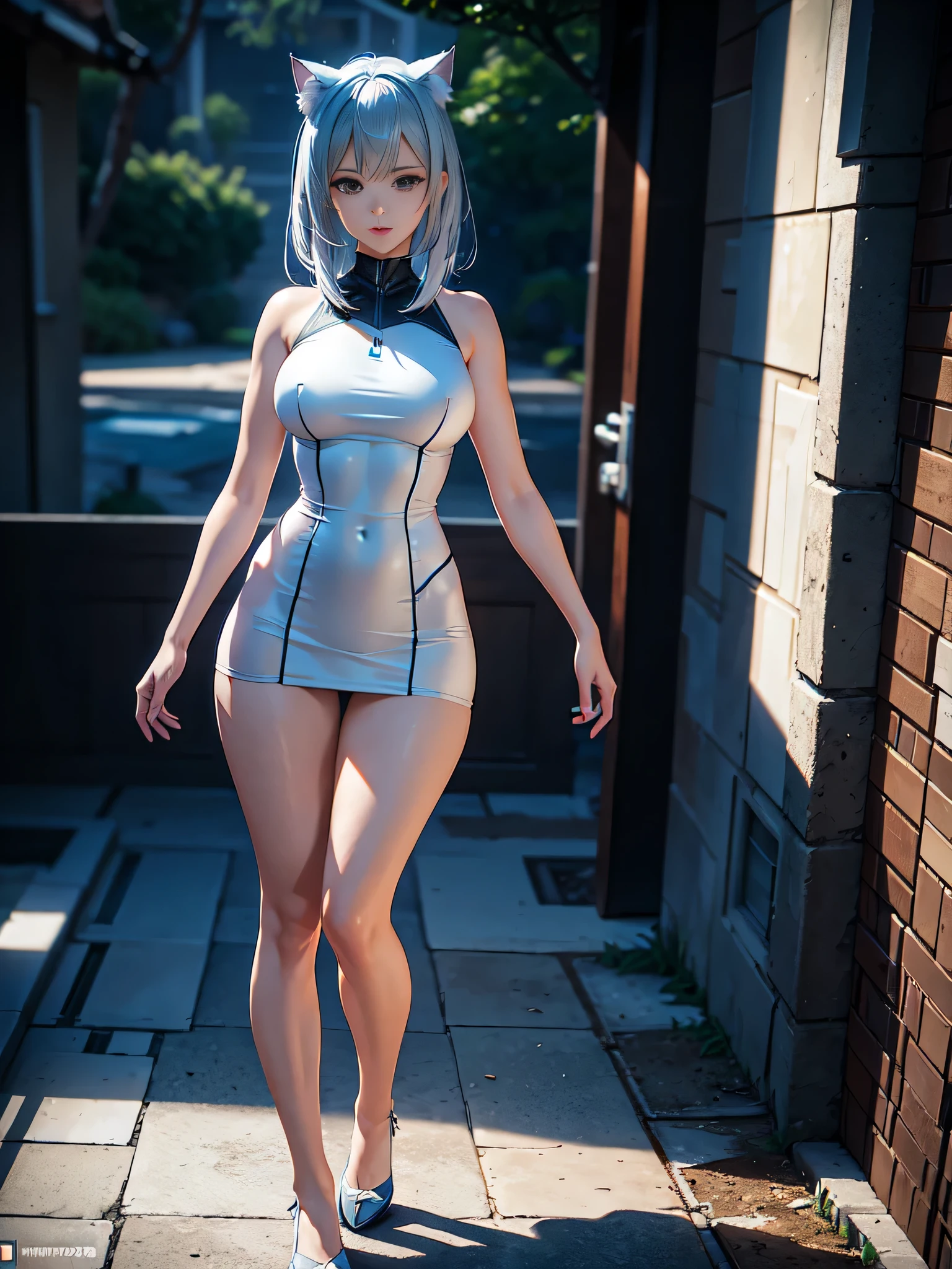 Dynamic view of the whole body, Arte profesional del anime, anime, Female cat 19 years old, muy , Orejas de gato, Cabello medio azul plateado, flequillo, muy short white dress, Viento ascendente muy fuerte, (Mirando al espectador: 1.1), estilo Egipto, pharaoh, Ropa interior muy corta, --V5, cerca de real, cara: (simetry, seductor y agradable), pose sexy, Traje de 2 piezas, seductora profesional, Figura delgada con cuerpo perfecto, centrado, Una selva con fuertes lluvias, alto contraste, HDR (High Dymanic Range), Trazado de rayos, NVIDIA RTX, Super resolution, Irreal 5, Sub-Surcara Scatterring, Textura PBR, Post-procesamiento, Anisotropic filtering, Profundidad de campo, Maximum clarity and sharpness, Texturas multicapa, Albedo y mapas especulares, Surcara shading, Accurate simulation of light-material interaction, proporciones perfectas, Renderizado de alto octanaje, two-color illumination, Amplia apertura, ISO bajo, 8k, Canos EOS Camera Professional Lens 50mm