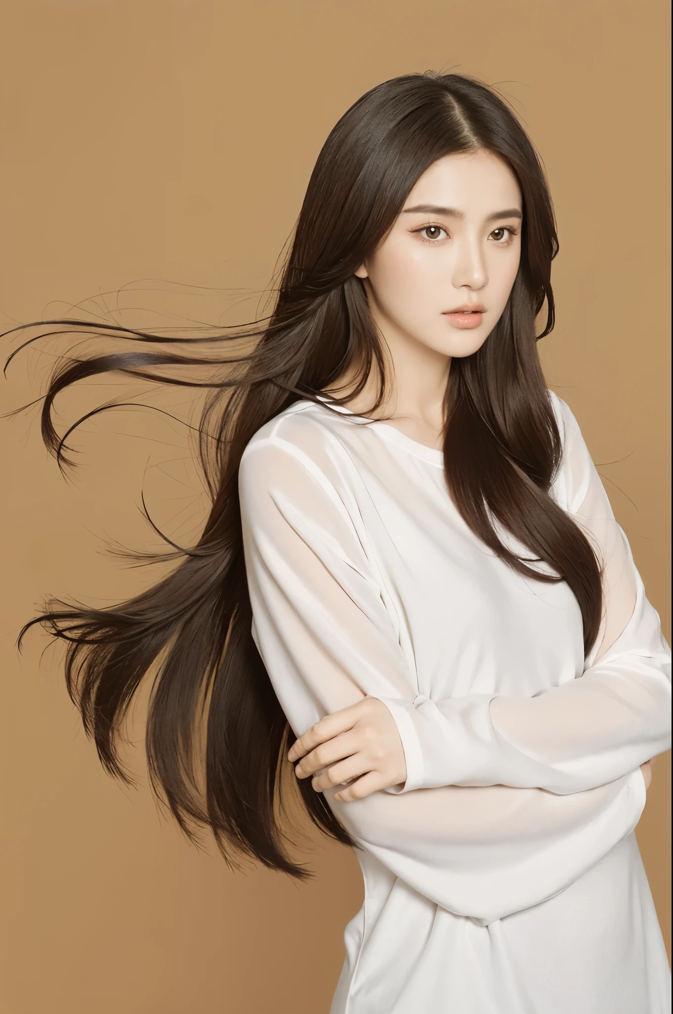 1 girl, solo, long hair blown by the wind, realistic, looking at the audience, lipackground, brown background, brown eyes, upper body, black hair, brown hair, shirt, white shirt, long sleeves, signature, parted lips, nose