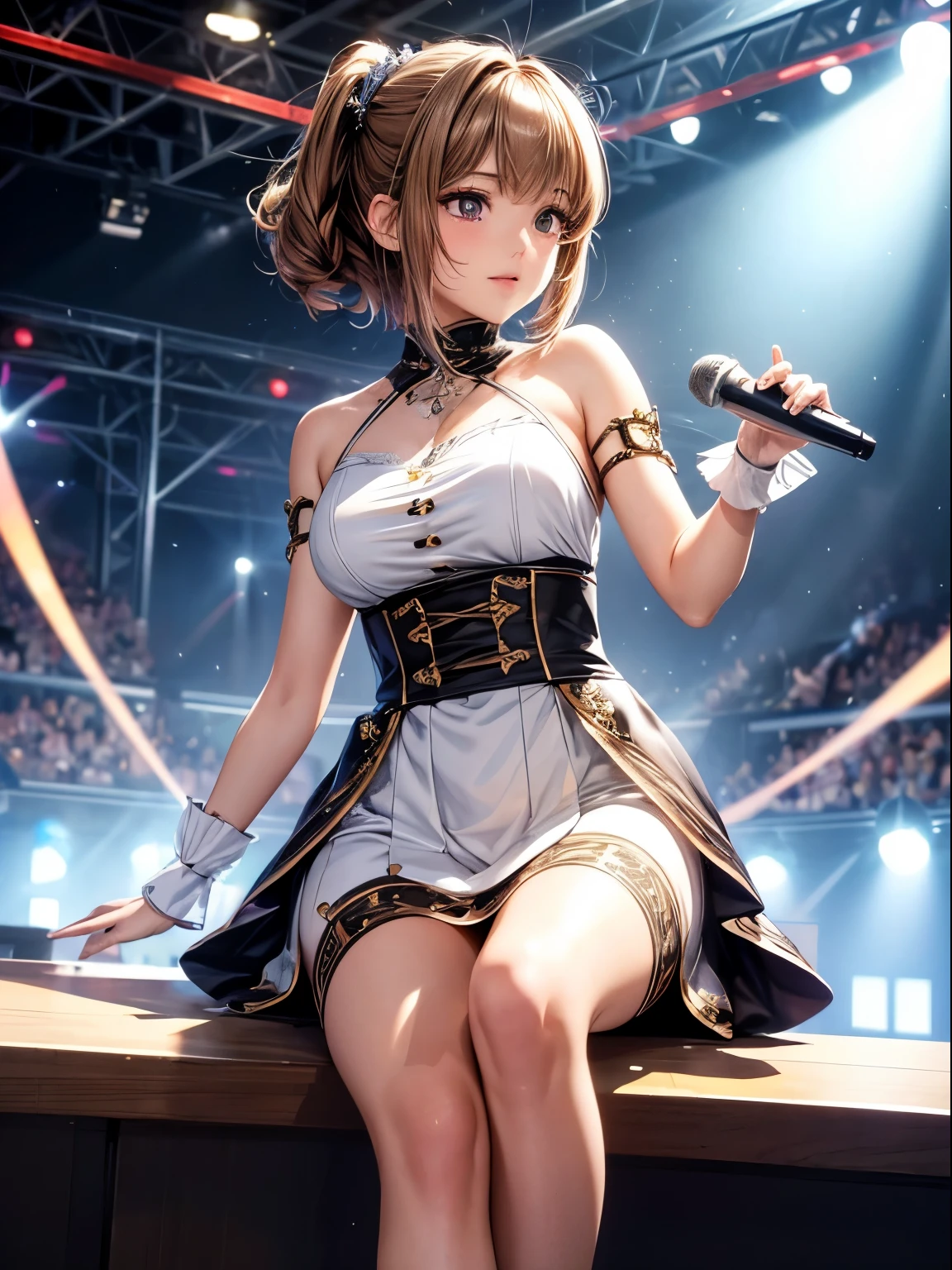 ((masterpiece)), ((best quality)), (ultra-detailed), ((extremely detailed)), 4K, (8K), best quality, (beautiful), anime style, full body, focus on the face, full body focus, Live performance venue, a cute girl, 1girl, solo, idol, young entertainer, beautiful light brown hair, beautiful brown eyes, ((beautiful eyes)), short hair, light smile, shiny-glistening, gleaming,professional lighting