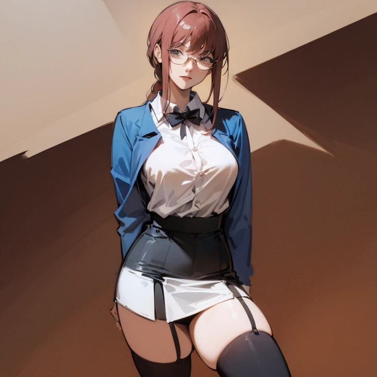 Best Quality, Master piece, mini skirt, stockings, glasses