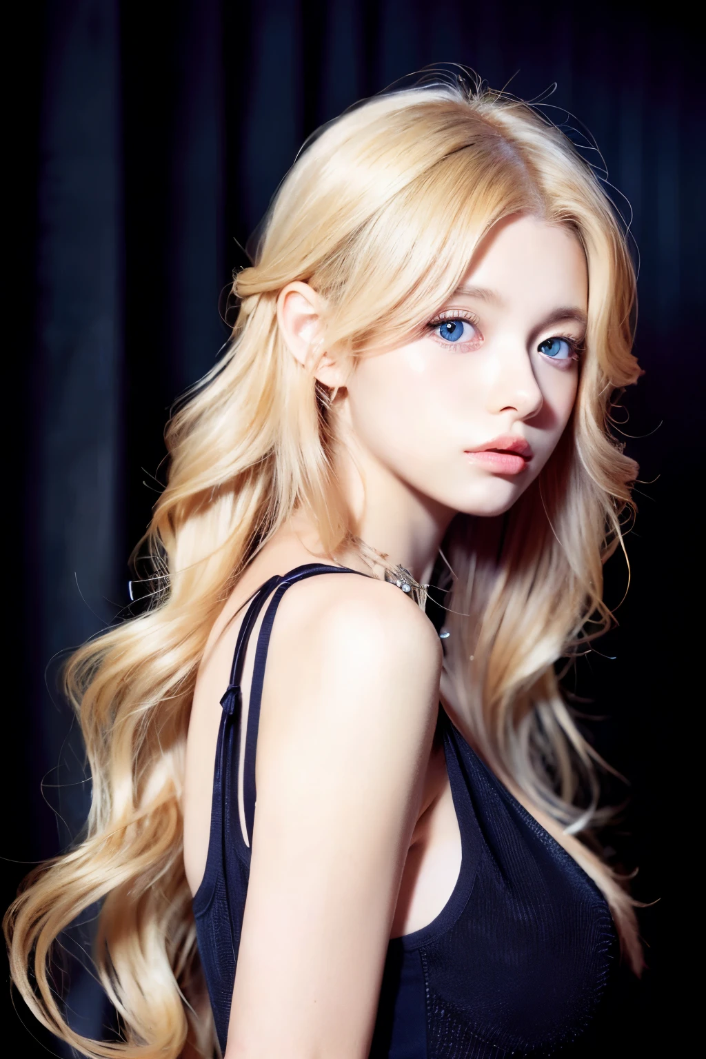a blond、Wavy hair、long lashes、blue eyes、big hair ribbon、Shoujo manga style、Soft touch、Model Posing、Black dress、Anime Illustrations