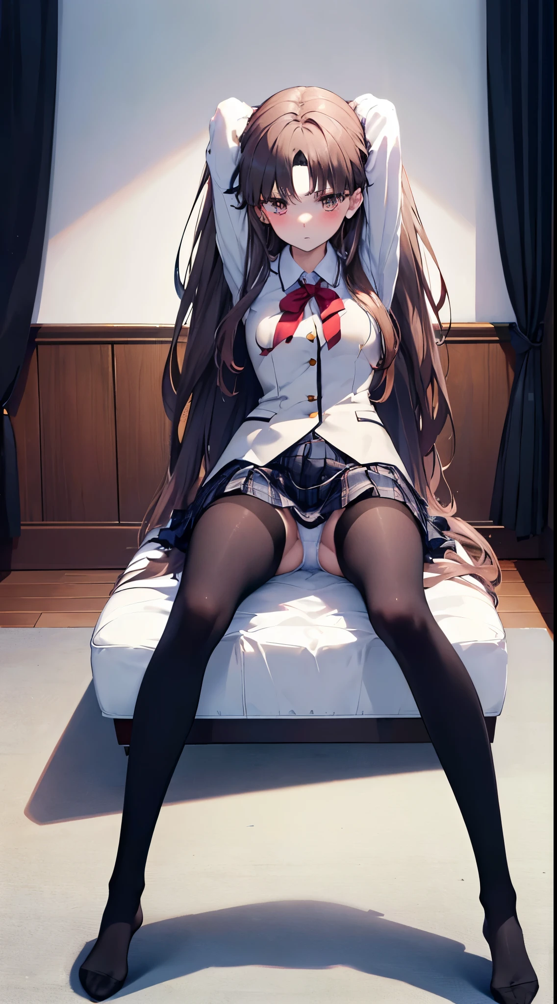 Finest, masterpiece, high definition, (full body), frontal, symmetrical, mature high school girl, solo, (full body from head to toe), small breasts, long hair, slightly messy hair, (black tights), ( (black pantyhose), black pantyhose, (composition where she is made to sit and lift her legs and make her legs open), (bound arms, arms behind back), composition showing white panties, slender beautiful legs, a very beautiful (not wearing shoes) legs), blushing, shy big eyes, messy hair, looking at camera, showing white panties, white frilly lingerie, high school uniform blazer, high school uniform White blouse, high school uniform with blue ribbon, high school uniform with short plaid pattern and navy pleated skirt, Rin Tohsaka