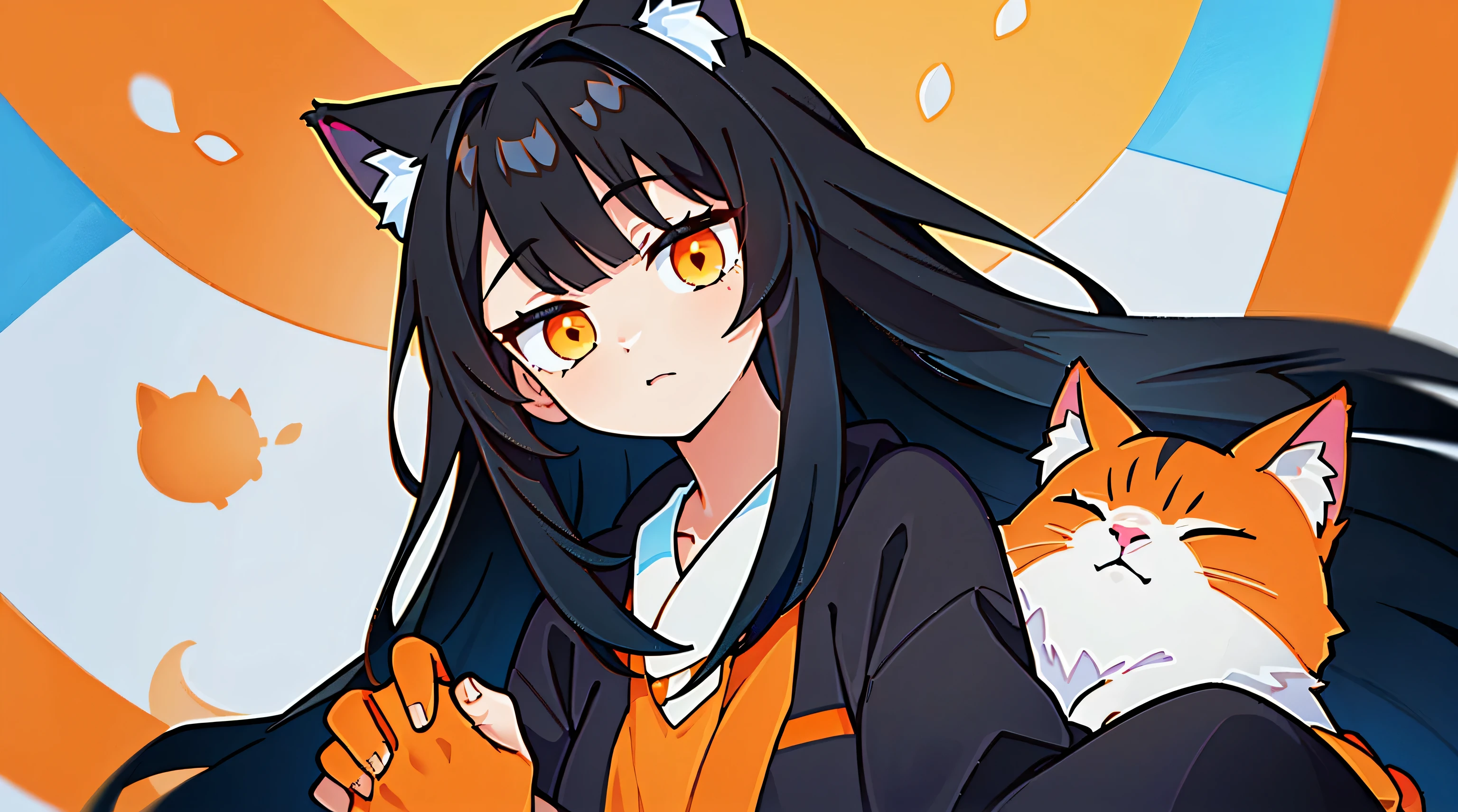 Anime girl with cat ears and black hair holding a cat - SeaArt AI