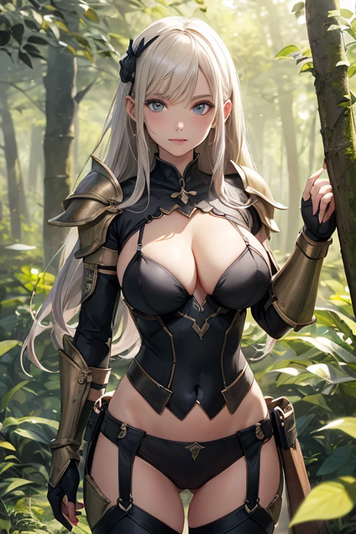 ((best quality)), ((Meisterwerk)), (Detailliert), Perfektes Gesicht. Gefesselte Weibliche Elfe. im Wald. with armor, lightly dressed, big breasts