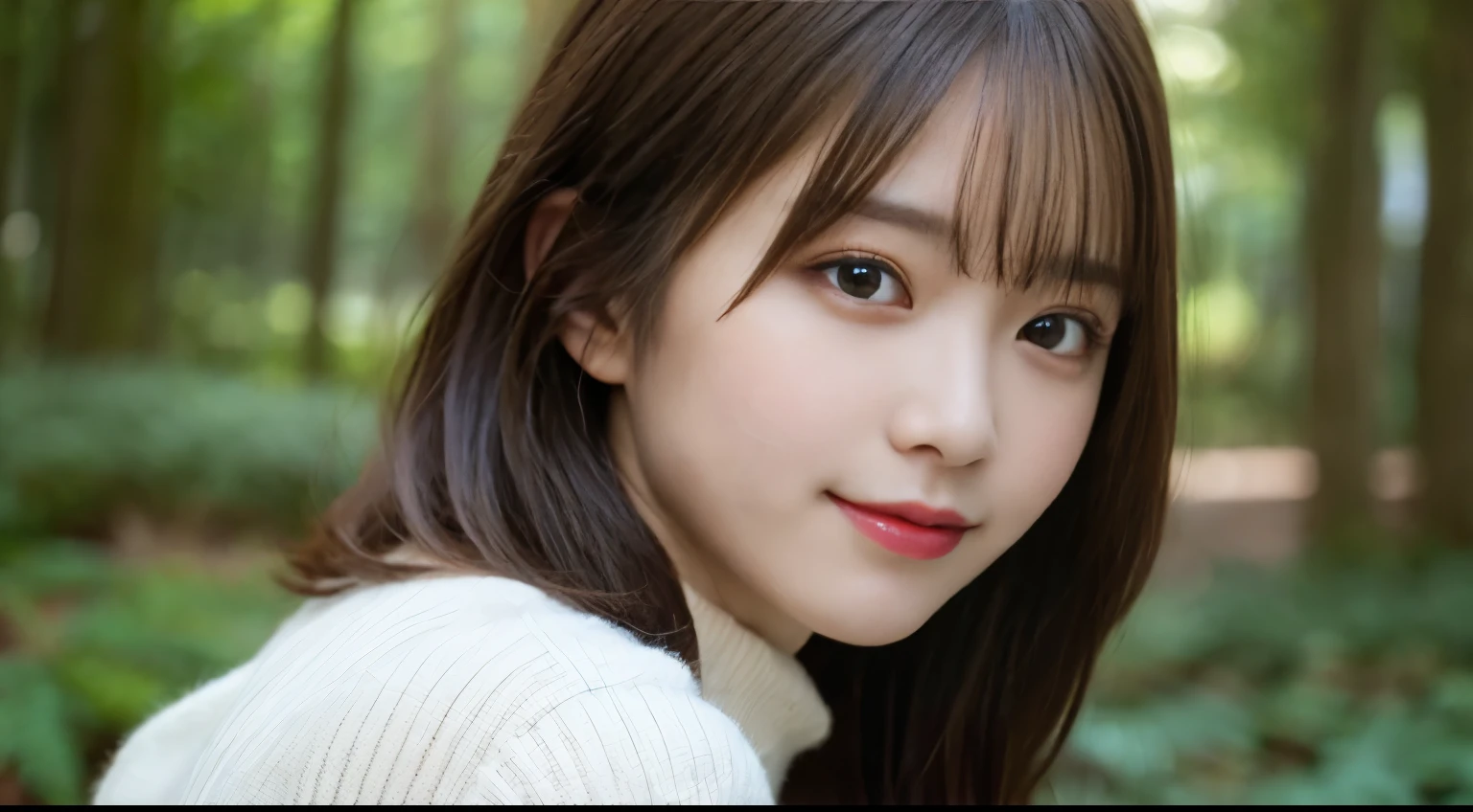 masutepiece, Best Quality, Illustration, Ultra-detailed, finely detail, hight resolution, 8K Wallpaper, Perfect dynamic composition, Beautiful detailed eyes, she is wearing a black long sleeve knit,Medium Hair,Natural Color Lip,Smile,Harajuku、20 years girl、Bust up angle looking at camera、Arms behind your back、hands are never visible、C Cup、Brown hair、cacique#39;s face、Blurred forest background