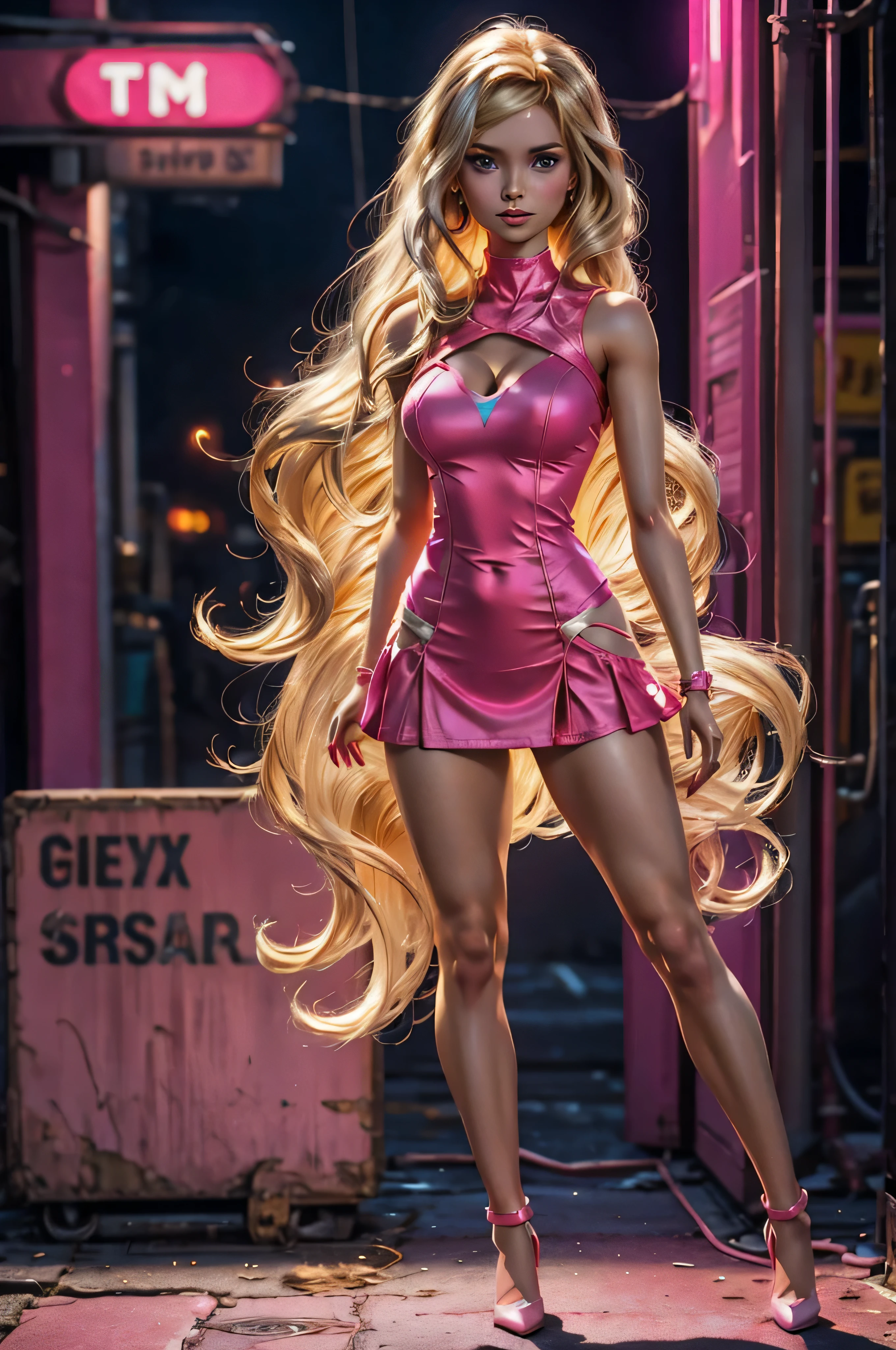 full body, , barbie doll style girl, blonde long hair, in short tight pink dress, against neon light concrete background, phytorealistic, hasbro style