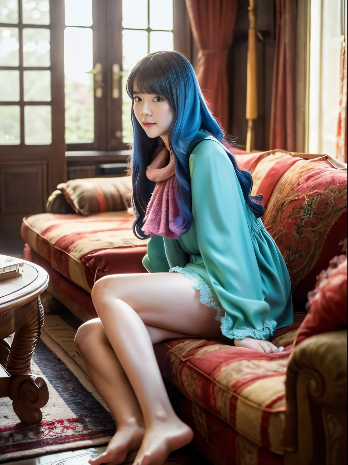 (masterspiece, Best Quality: 1.2), (hight resolution: 1.1), (Highest Quality), (masters's work), face to the viewer, Dynamic Angle, skyporn, cloud, (1loli, Solo Focus: 1.4), Cute, ornament detached, (Jewelry: 0.75), (blush: 0.9), (Strap: 0 .9), Barefoot, livingroom, sofa, window, drapes, Dappled sunlight, Potted plants, The table, cabinet, bookcase, apples, Ahoge, (shawls, Long hair, Ruby hair, Blue inner hair, Shiny hair, Shiny skin: 1.1),