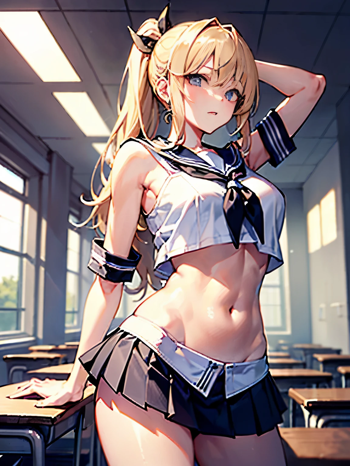 top-quality、realistic touch,high-detail、photoRealstic、thin-waist、captive beauty、big eye、solid platinum-blonde eyelashes、platinum-blonde、full body Esbian、Sparkling eyes, cheeks flushed、thin-waist、In the classroom of the school、She is in estrus、a sailor suit、cocky expression、Super short skirt with V-line visible、Sleeveless、Navel look、small tits、Ponytail hair style、a sailor suit that is extremely short in length、Black thigh socks、Colossal tits、big butts、Camera angle from below、Big breasts visible between uniform and stomach、