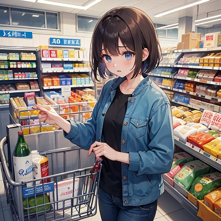 1girl, solo, super fine illustration, an extremely delicate and beautiful, best quality, short hair, brown hair, blue eyes, looking down, sad, lonely, casual, blue jacket, white shirt, jeans, supermarket, cashier, shopping cart, alcohol, bright, shelves, signs, despair, isolation, bust, alcohol bottles in shopping cart.