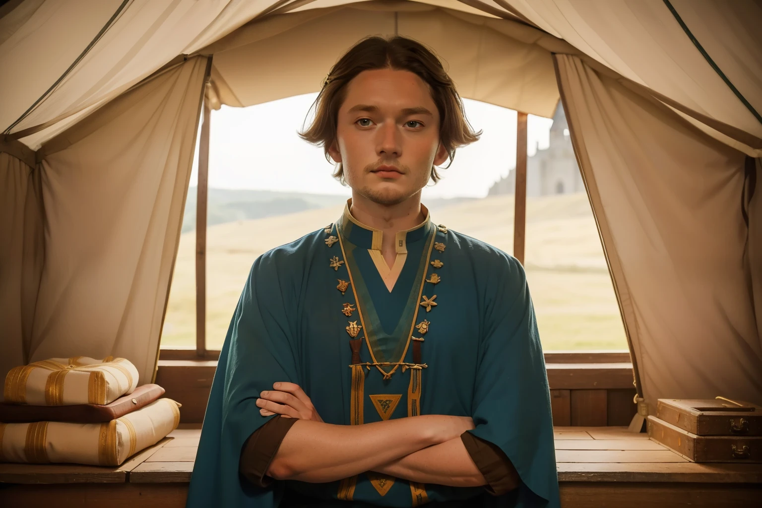 1152, Kingsbridge, England. Otherworldly scene in a medieval tent, ((((31-year-old)) Levi Miller)), crossed arms, smug expression, ((((tunic from the 12th century)))), ((Hairstyle of the 12th century)), ((Wes Anderson cinematic style)), colorful