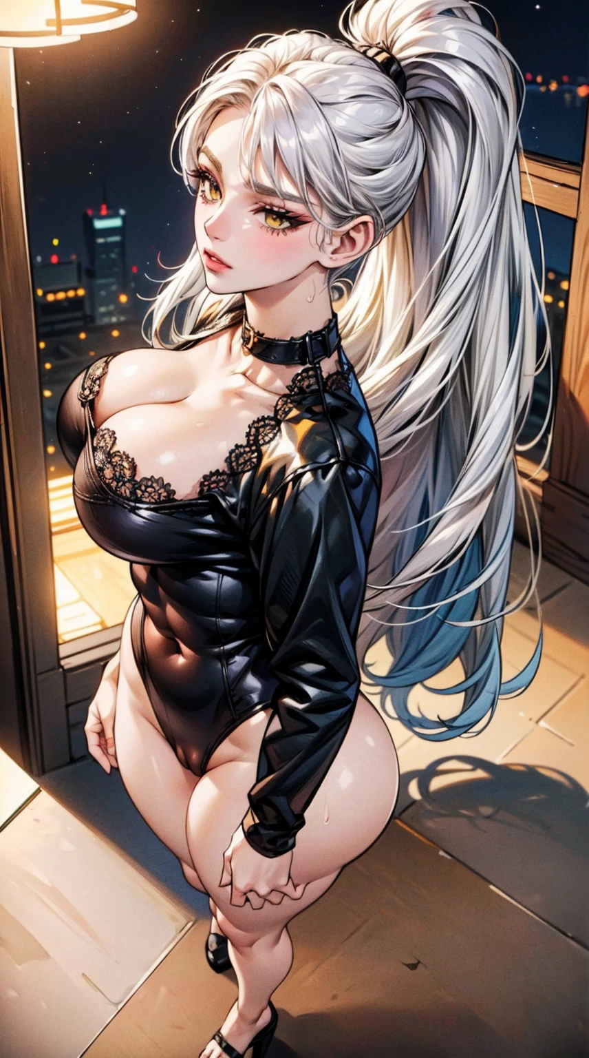 (best quality:1.2, Absurdres), (masterpiece:1.4,ultra detailed),(1girl,solo),Jaymarvel artstyle,(silver hair,yellow eyes,),light skinned,young female,long eyelashes,heavy makeup,eyeliner,pink lips,thick lips, intricate details, gorgeous girl,detailed eyes and detailed face,(expressionless),( Black leotard:1.5,black high heels,black choker on neck), sidelocks, bangs,wavy hair,(very long hair,mega ponytail) ,shiny skin,soft, soft volumetric lighting, perfectly drawn hands, full body,((thick thighs:0.5 ,wide hips, narrow waist,curvy,thigh gap, perfect body,large :1,navel,tall female,huge bre1,toned back,cameltoe)),Standing,(from side and from above:1.8),(artstation:1.2),hotel hallway,Dynamic pose,(nighttime:1.5),depth of field,face focus,