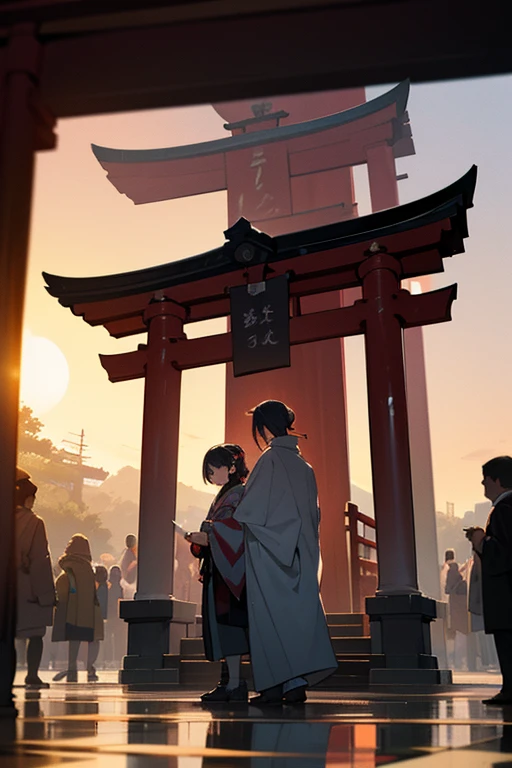 Happy New Year, 2024, kyoto, shrine, crowd, sunrise, best quality, masterpiece, highres, detailed,