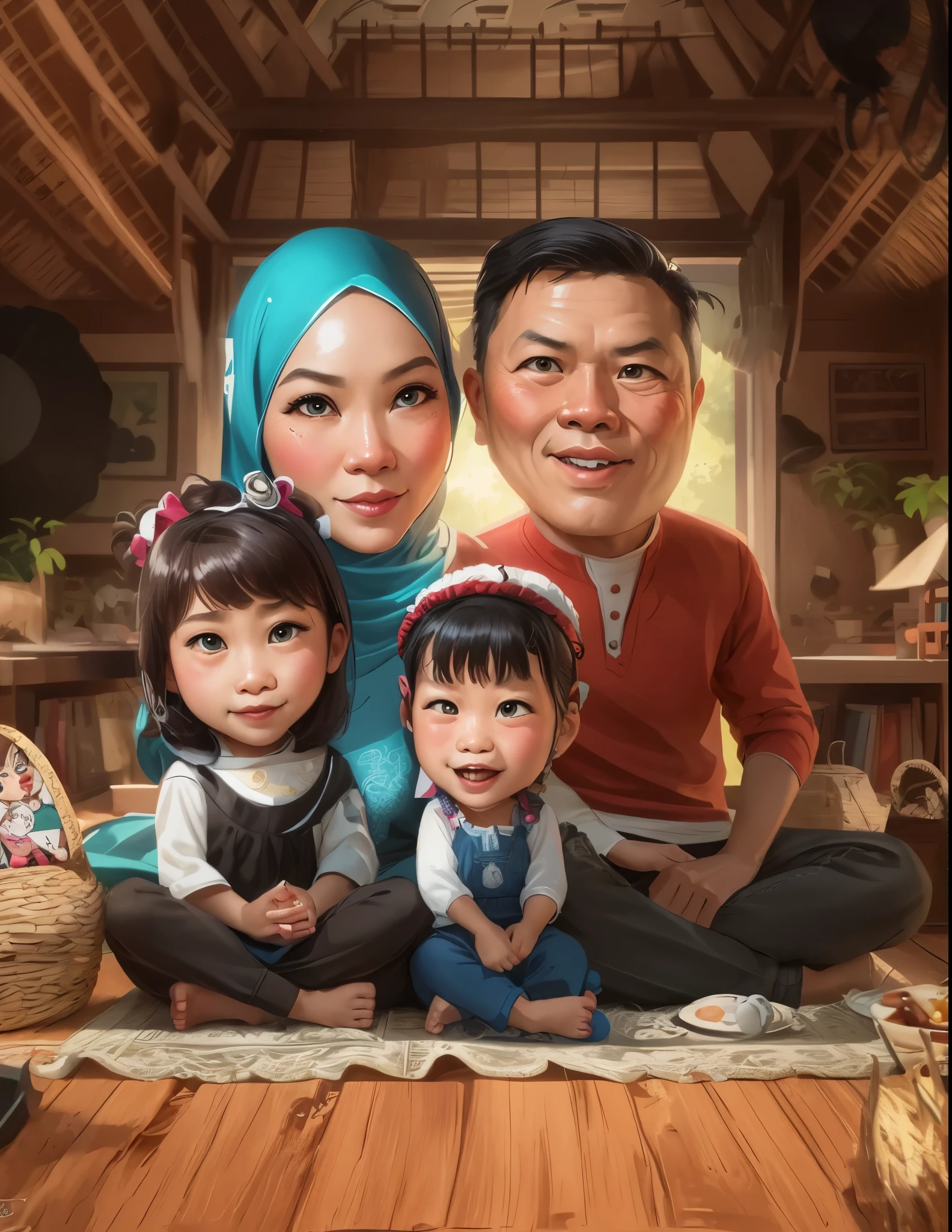 cartoon family portrait of a man, woman, and two children, an indonesian family portrait, barong family, caricature illustration, cartoon digital painting, cartoon artstyle, cartoon style illustration, cartoon digital art, digital cartoon painting art, happy family, digital art cartoon, cartoon art, potrait, in cartoon style, cartoon portrait, cartoon art style, detailed portrait, caricature style