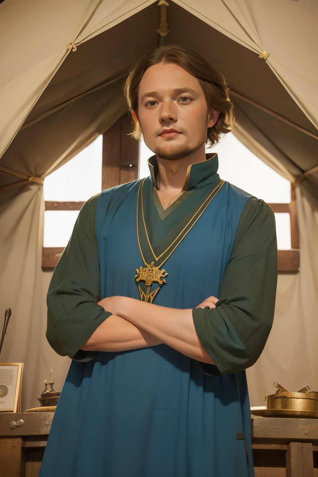 1152, Kingsbridge, England. Otherworldly scene in a medieval construction tent, ((((31-year-old)) Levi Miller)), crossed arms, smug expression, ((((tunic from the 12th century)))), ((Hairstyle of the 12th century)), ((Wes Anderson cinematic style)), colorful