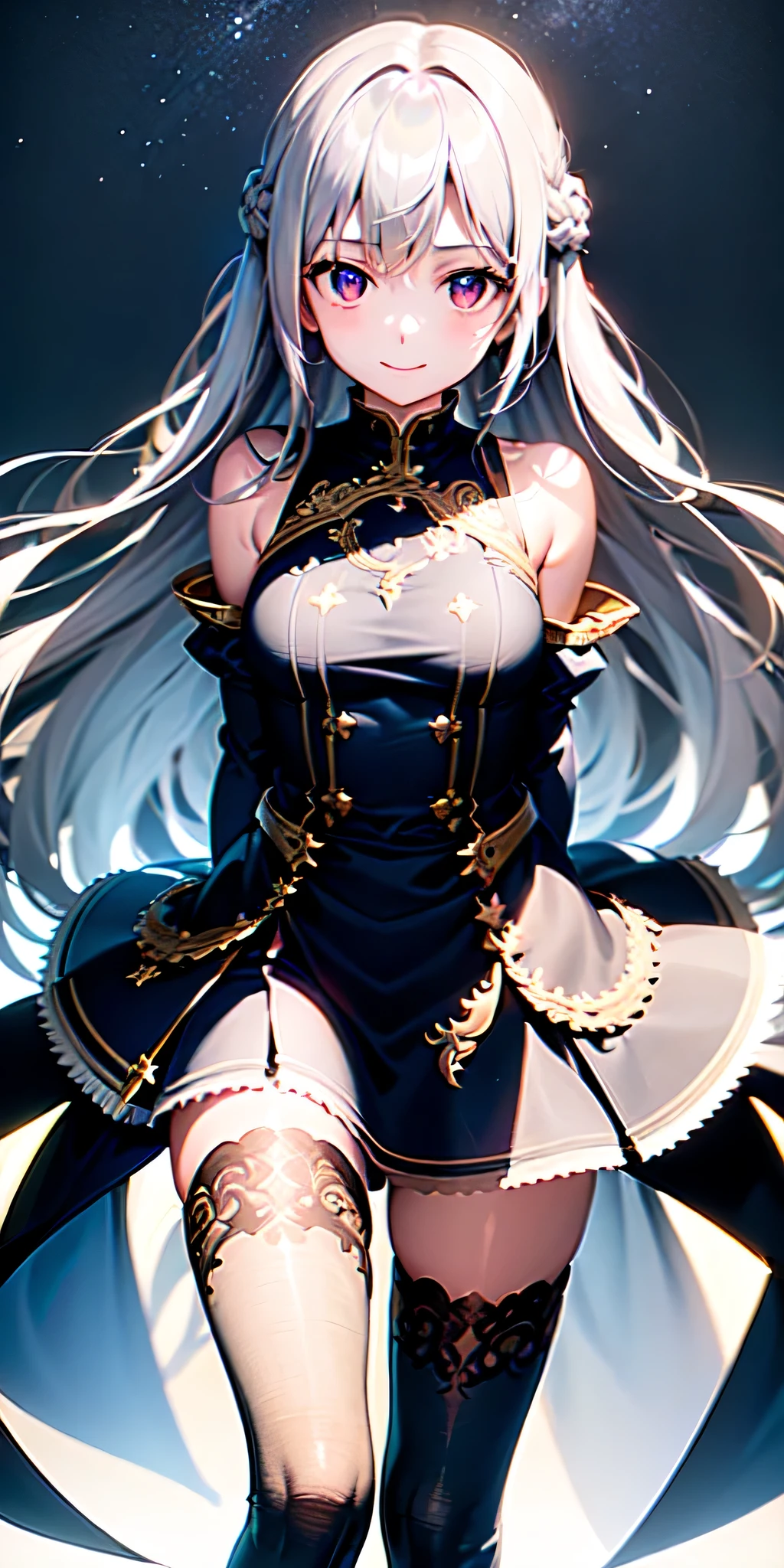 (((profesional: Paso a paso, taking into account even the smallest detail, Resultado final a nivel de Dios, imagen: todos los detalles intrincados, todo el cuerpo con detalles intrincados, solamente 1girl, Disparo de vaquero)))): "Traje original, 1girl, solamente, Cabello largo, muslosaltos, blue muslosaltos, They are smiling, Zettai Ryouiki, arms  behind  back, Mirando al espectador, leaning forward, Mangas separadas, falda, "