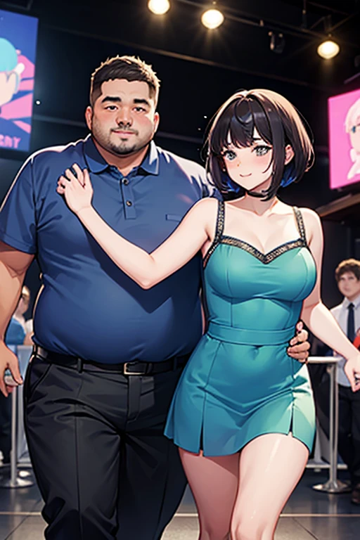 Couple at a disco party, Chubby man and thin ager with short hair