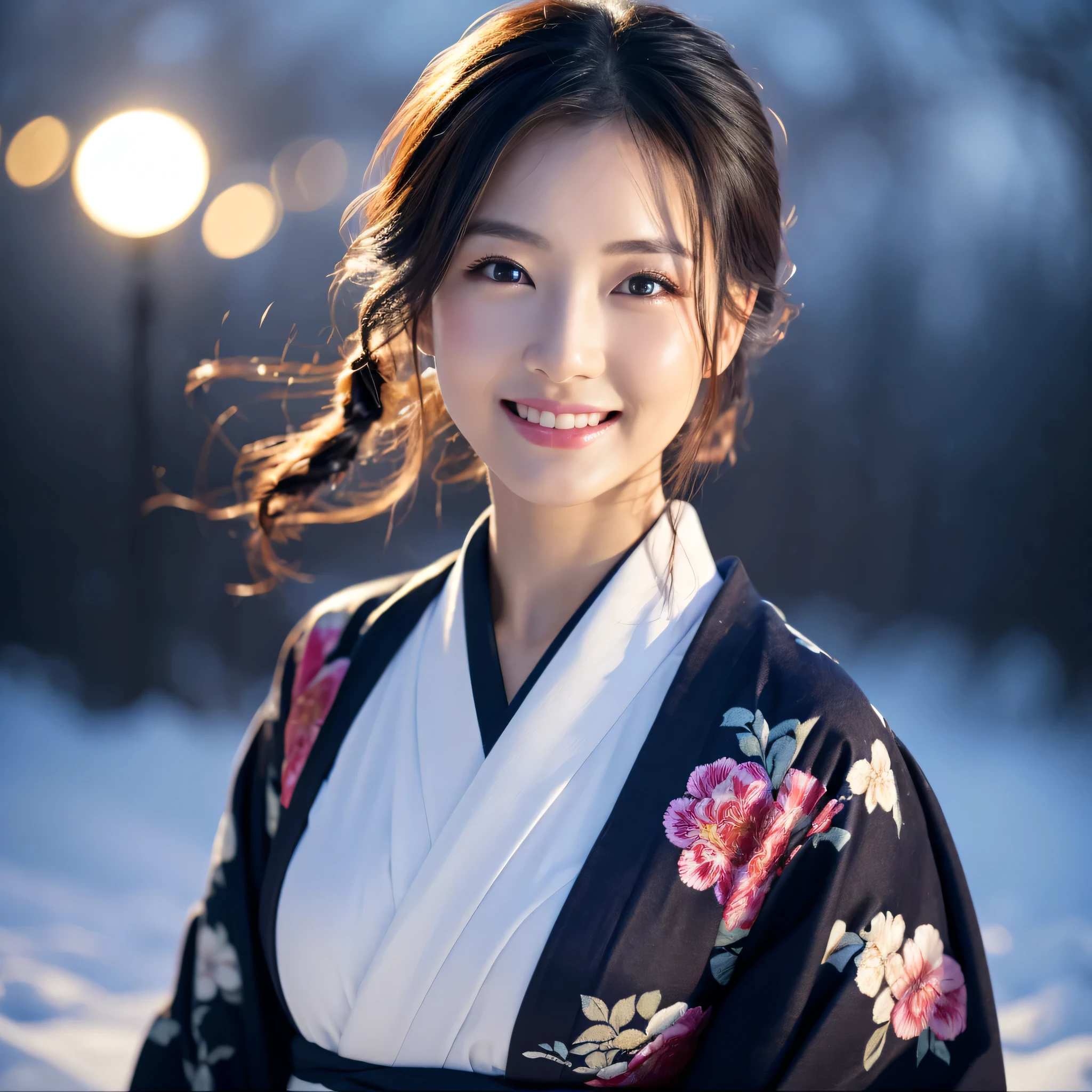 (Super beautiful woman in kimono)、((best qualtiy、8k masterpieces:1.3))、foco nítido:1.2、(ultra beautiful faces:1.0)、(shinny skin:1.0)、photos realistic、A dark-haired、Video Lighting、High-definition eyes and face、Video Lighting、Japanese actressl、from the front side、medium breasts、With a happy smile、Slender Abs Beauty、Whole body、wearing kimonos、In a snowy landscape in the middle of winter、highest grade obi