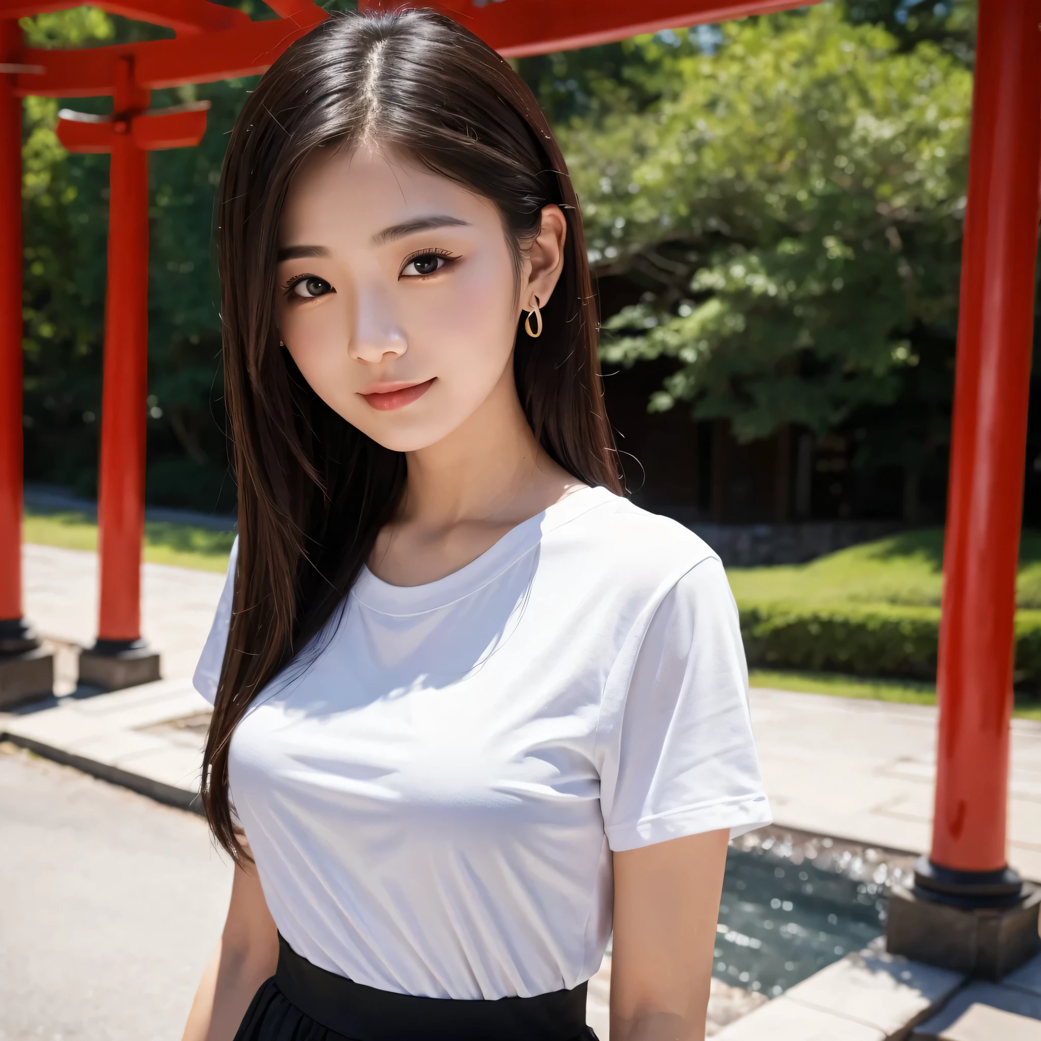 One beauty、((best qualtiy、8k masterpieces:1.3))、foco nítido:1.2、(ultra beautiful faces:1.0)、(shinny skin:1.0)、photos realistic、A dark-haired、Video Lighting、High-definition eyes and face、Video Lighting、Japanese actressl、from the front side、medium breasts、Smile、Slender Abs Beauty、Whole body、Kanji for Japan「tenderness」Wearing a T-shirt、At the shrine