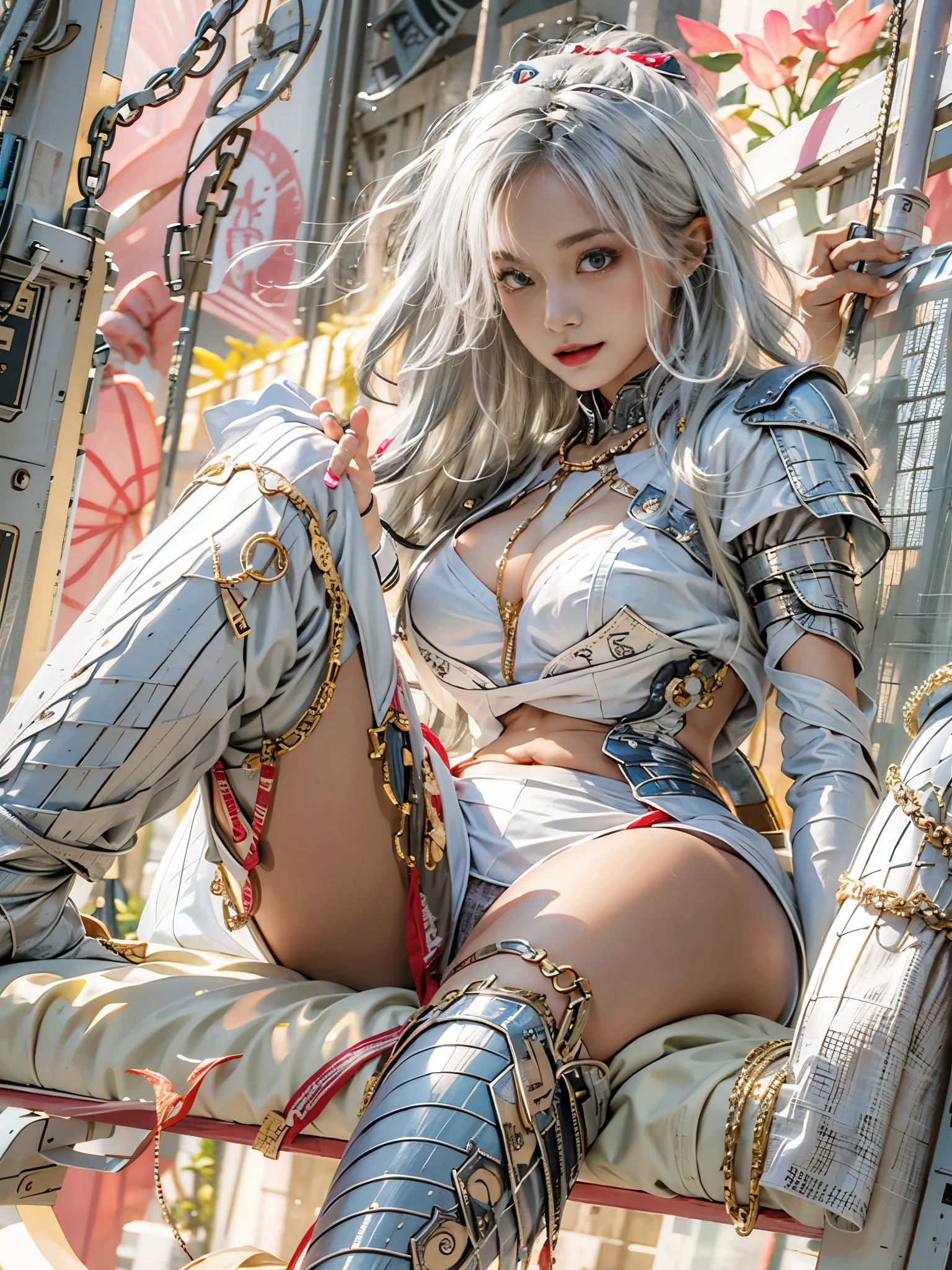 realisticlying, A high resolution, softlighting,1 woman, Alone, buttocks raised, glistning skin, (详细的脸),Tattoos are, jewely, chain armor, the night, White hair, curlies, Beautiful soldiers, Grab the audience's eye, Lover's perspective, Invitation letter expression, rnsexy smile, Perfect style, Perfect balance, Delicate skin, mischievous glance, Visible nipple