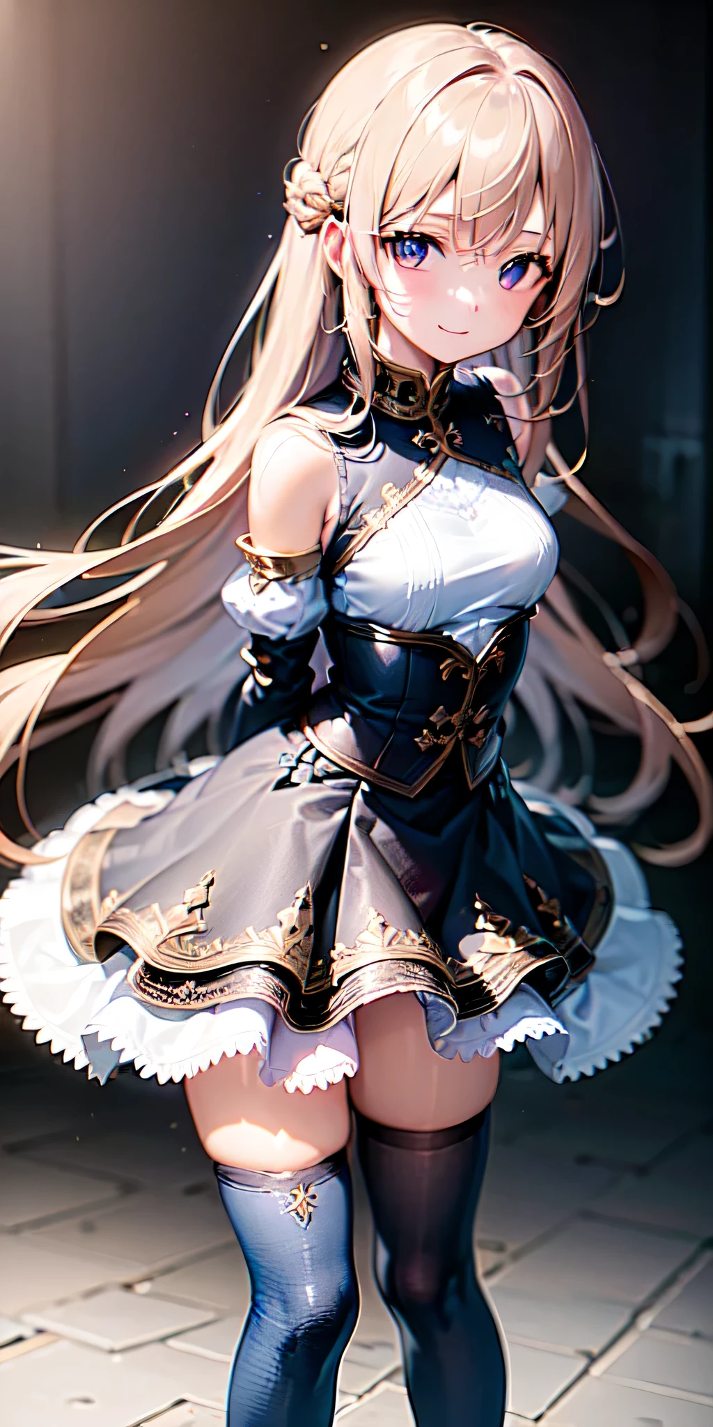 Obra maestra, best quality,Zelda (princess) black_long_hair, 1girl, , dark_light_skin, blue_eyes, (loli_teenager_girl), armpit, big_legs, big_hips, ribbon_hair, open_legs, half_smile, school_wear, long_sox.