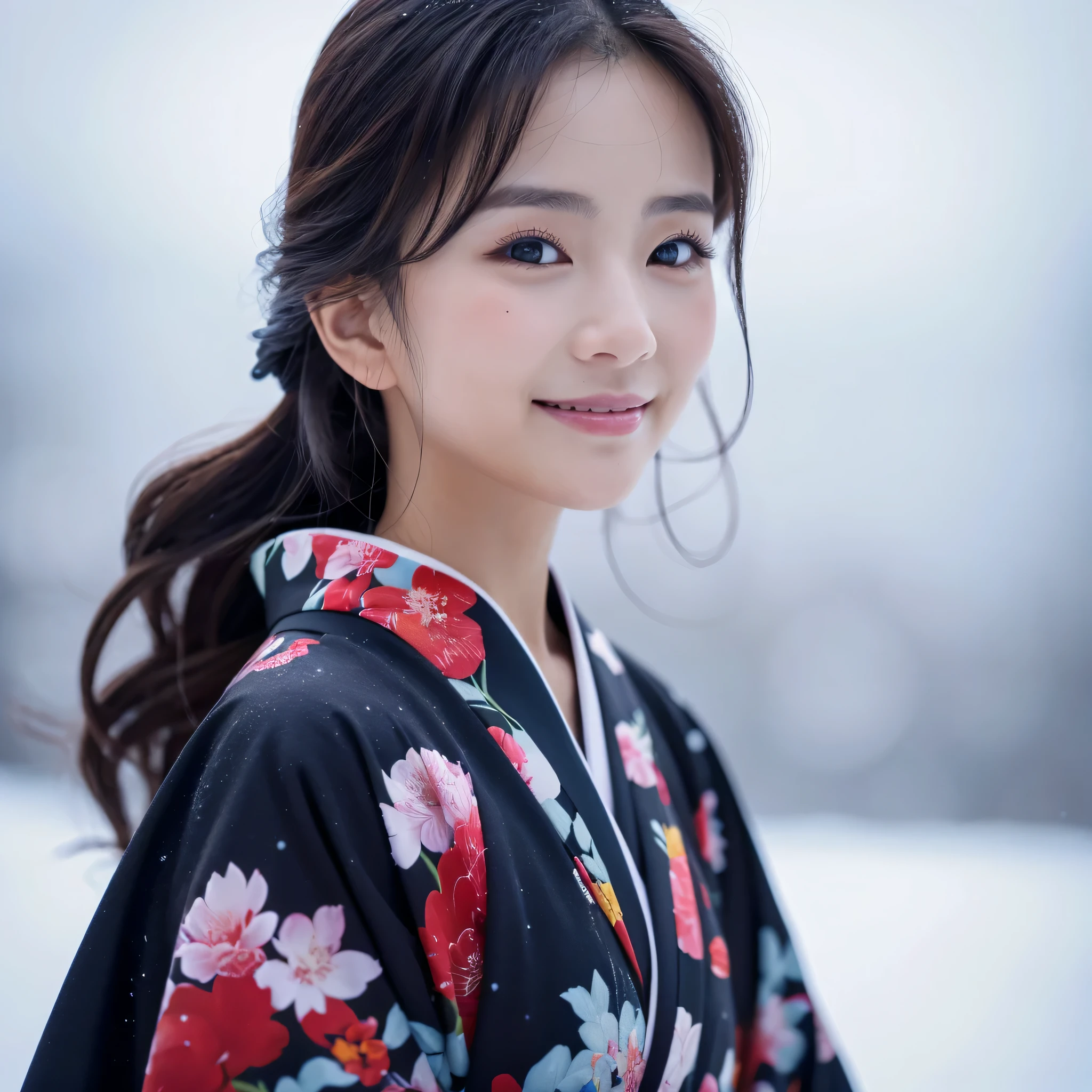 (Super beautiful woman in kimono)、((best qualtiy、8k masterpieces:1.3))、foco nítido:1.2、(ultra beautiful faces:1.0)、(shinny skin:1.0)、photos realistic、A dark-haired、Video Lighting、High-definition eyes and face、Video Lighting、Japanese actressl、from the front side、medium breasts、With a happy smile、Slender Abs Beauty、Whole body、wearing kimonos、In a snowy landscape in the middle of winter、highest grade obi