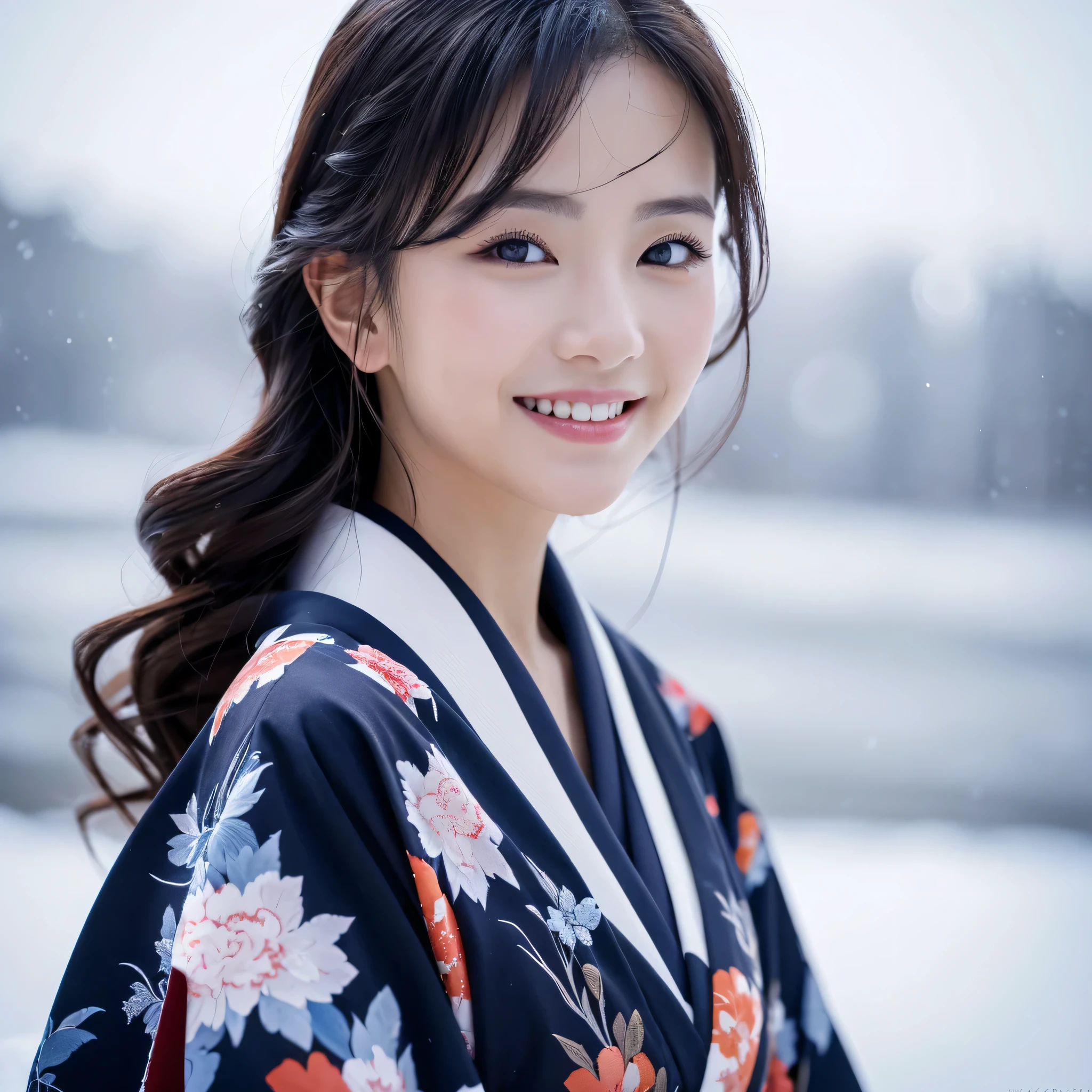 (Super beautiful woman in kimono)、((best qualtiy、8k masterpieces:1.3))、foco nítido:1.2、(ultra beautiful faces:1.0)、(shinny skin:1.0)、photos realistic、A dark-haired、Video Lighting、High-definition eyes and face、Video Lighting、Japanese actressl、from the front side、medium breasts、With a happy smile、Slender Abs Beauty、Whole body、wearing kimonos、In a snowy landscape in the middle of winter、highest grade obi