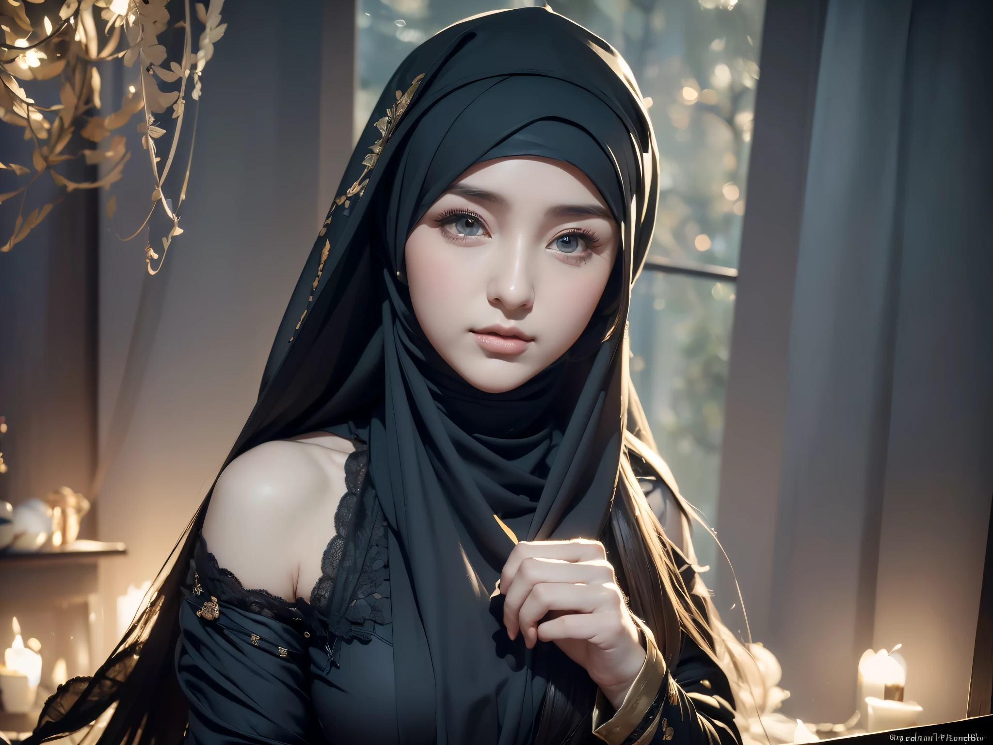 (8K, Best quality at best, tmasterpiece: 1.2), (Best quality at best: 1.0), (超高分辨率: 1.0), aquarelle, a beautiful  woman, (shiny pupils,blue pupil shoulders, hijabi sluty, Agnes Cecile, bust, Extremely luminous and bright design, pastelcolor, Autumn lights, Moody gray, Tenacious Style Alexey Savrasov, Ivan Shishkin, Ilya Repin, (Card decoration: 1.2), 2d, (oil painted: 1.2) The is very detailed
