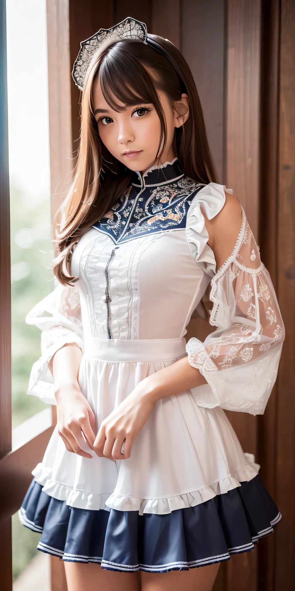 (((profesional: Paso a paso, taking into account even the smallest detail, Resultado final a nivel de Dios, imagen: todos los detalles intrincados, todo el cuerpo con detalles intrincados, Solo 1girl, Disparo de vaquero)))): "Traje original, Solo 1girl, Cabello largo, muslosaltos, blue muslosaltos, They are smiling, Zettai Ryouiki, arms behind back, Mirando al espectador, leaning forward, Mangas separadas, falda, vista baja aleatoria"